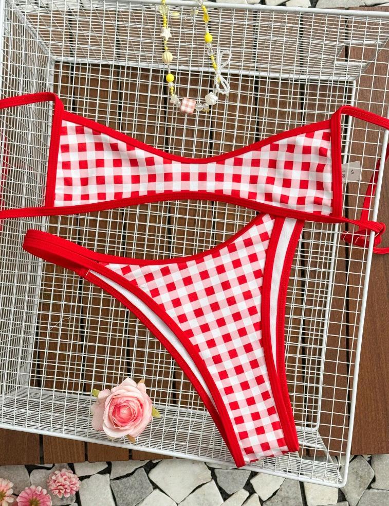 (image for) Women Red White Gingham Plaid Adjustable Strap Bikini Set Sexy High Cut Two Piece Beach Vacation Swimwear