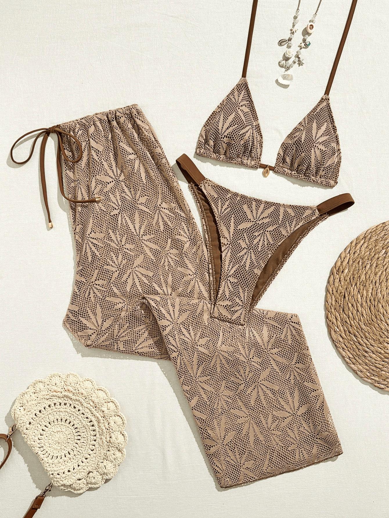 (image for) Women 3 Piece Leaf Print Halter Bikini Set with Pants Cover Up Swimwear