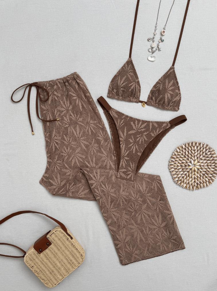 (image for) Women 3 Piece Leaf Print Halter Bikini Set with Pants Cover Up Swimwear