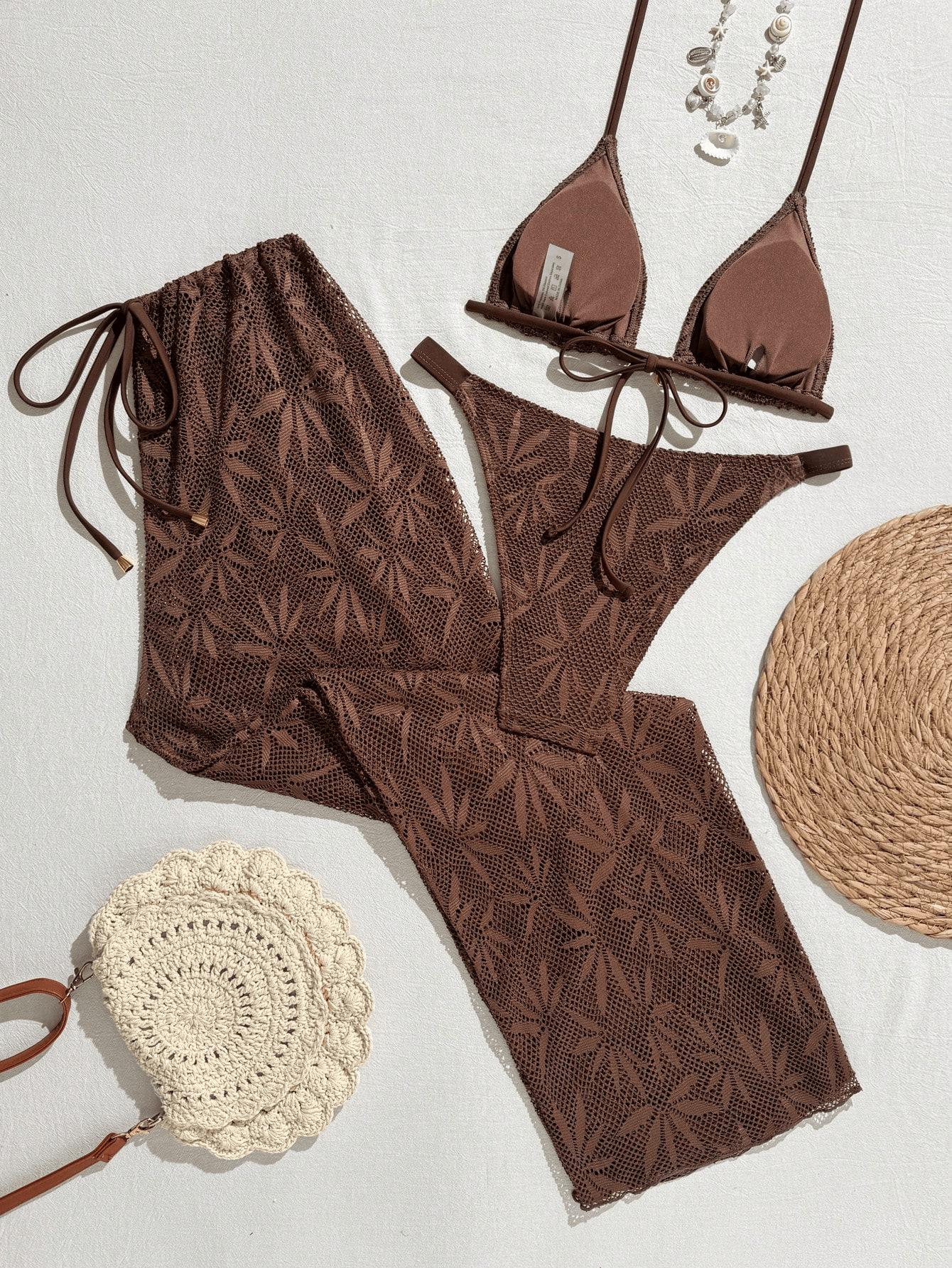 (image for) Women 3 Piece Leaf Print Halter Bikini Set with Pants Cover Up Swimwear