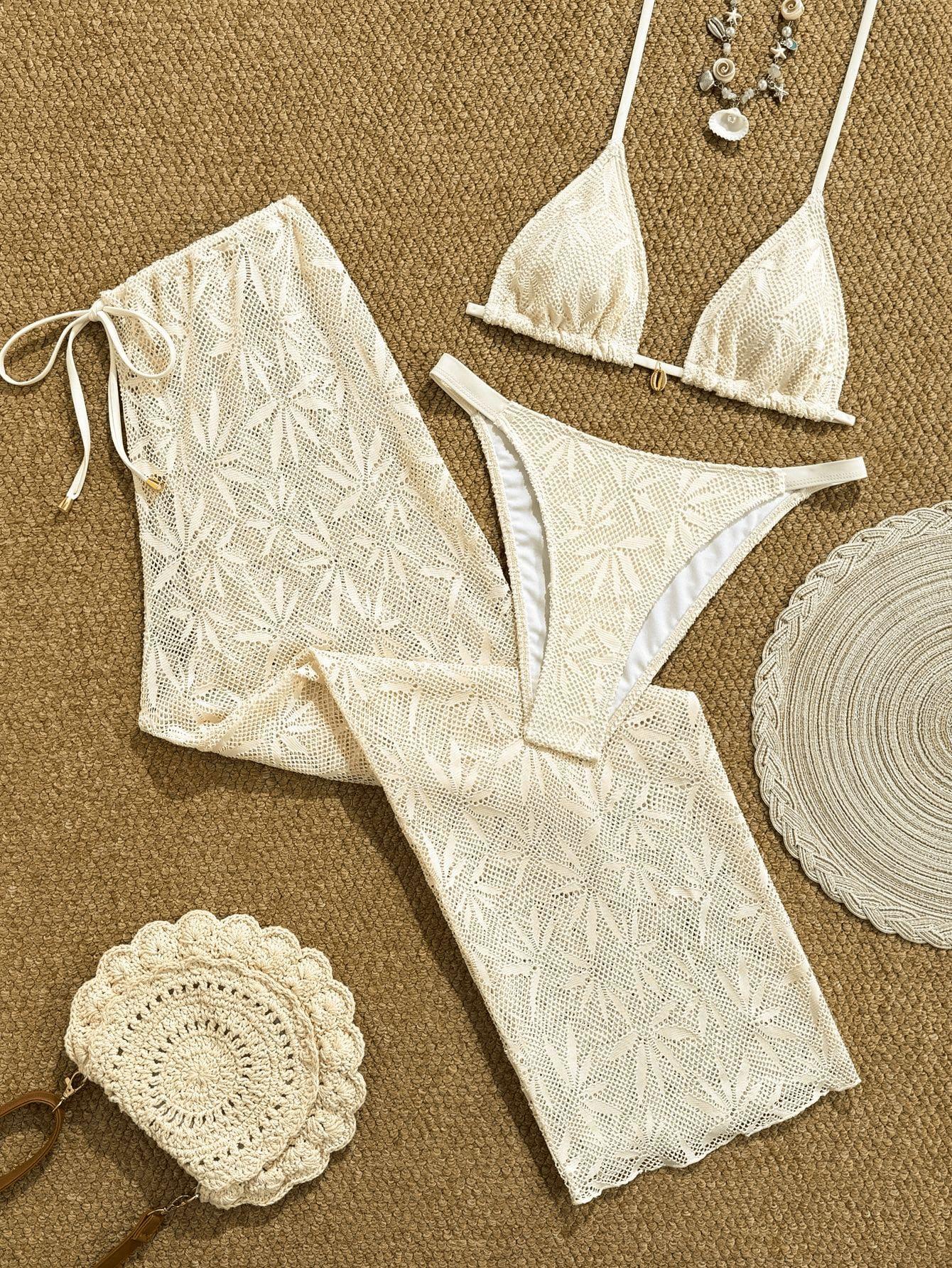(image for) Women 3 Piece Leaf Print Halter Bikini Set with Pants Cover Up Swimwear