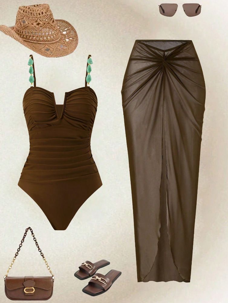 Women Beaded Strap Ruched Tummy Control One Piece Swimsuit with Sheer Mesh Twisted Waist Maxi Skirt Cover Up 2 Piece Slimming Swimwear Set (image for) Women Beaded Strap Ruched Tummy Control One Piece Swimsuit with Sheer Mesh Twisted Waist Maxi Skirt Cover Up 2 Piece Slimming Swimwear Set