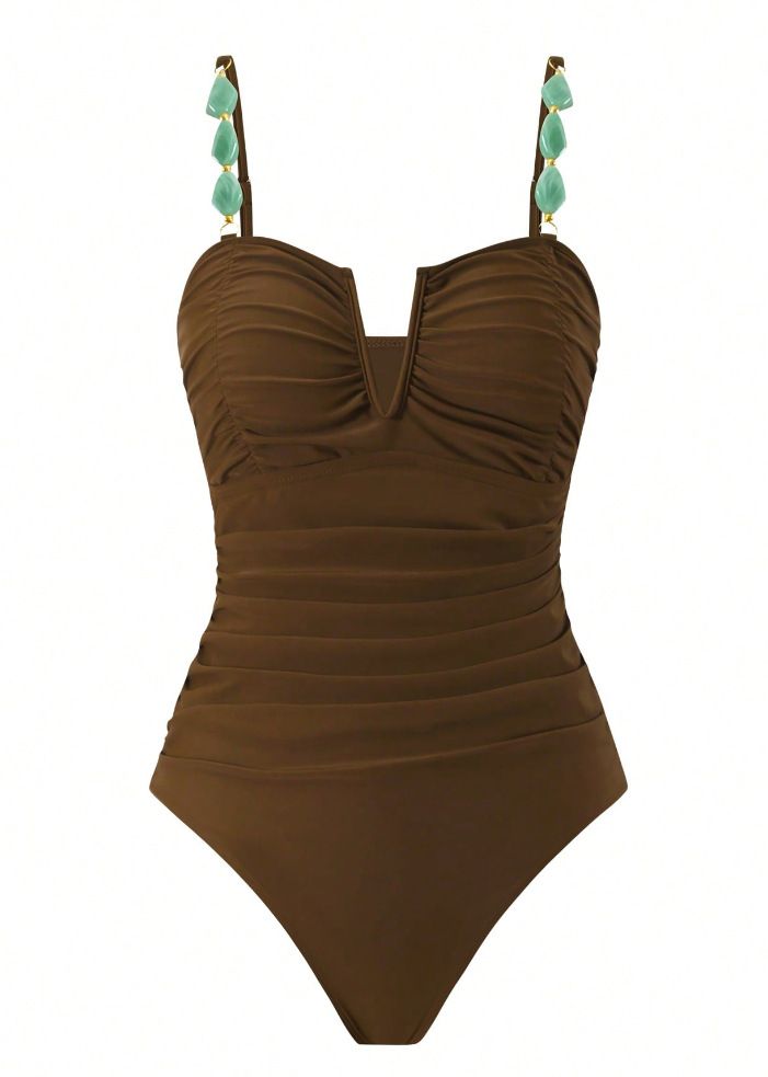 (image for) Women Beaded Strap Ruched Tummy Control One Piece Swimsuit with Sheer Mesh Twisted Waist Maxi Skirt Cover Up 2 Piece Slimming Swimwear Set