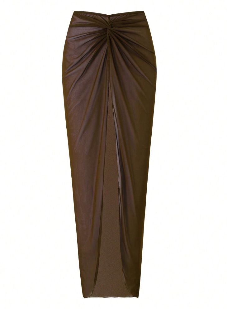 (image for) Women Beaded Strap Ruched Tummy Control One Piece Swimsuit with Sheer Mesh Twisted Waist Maxi Skirt Cover Up 2 Piece Slimming Swimwear Set