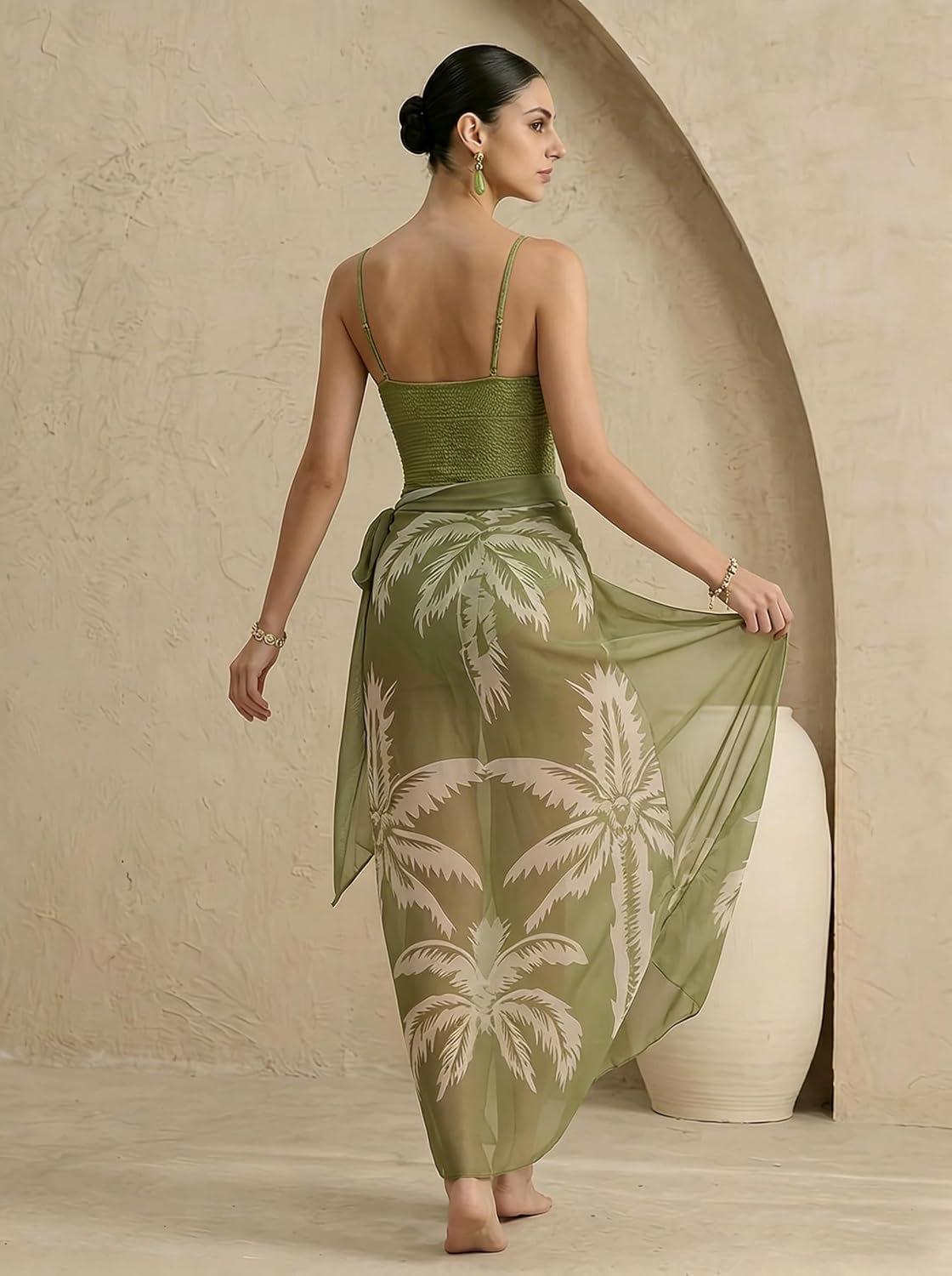 (image for) Women Tropical Palm Print Bandeau One Piece Swimsuit with Sheer Maxi Sarong 2 Piece Set