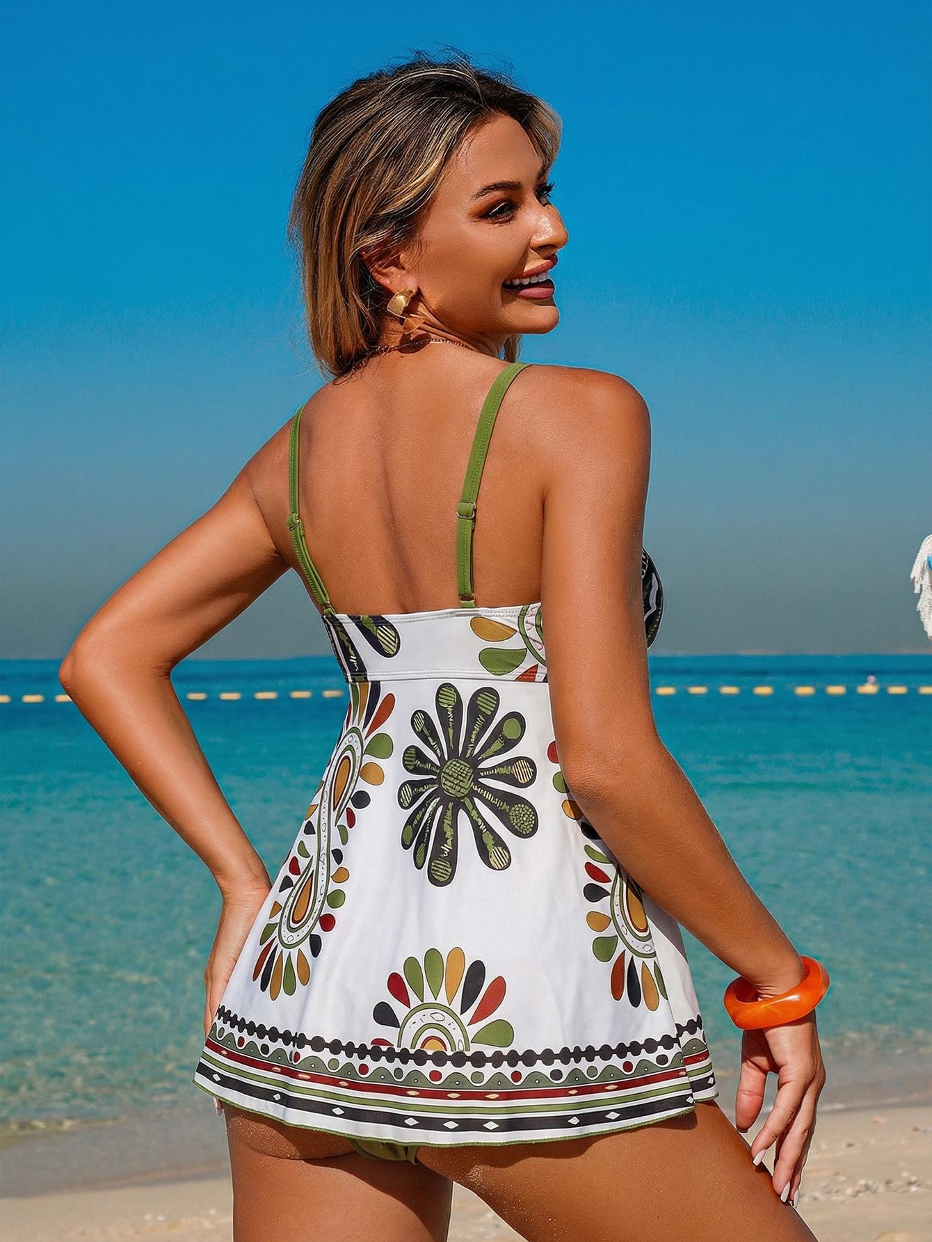 (image for) Women Boho Paisley Floral Print Spaghetti Strap Skirted One Piece Swimsuit Tummy Control Flyaway Hem Bohemian Beach Hot Spring Swimwear