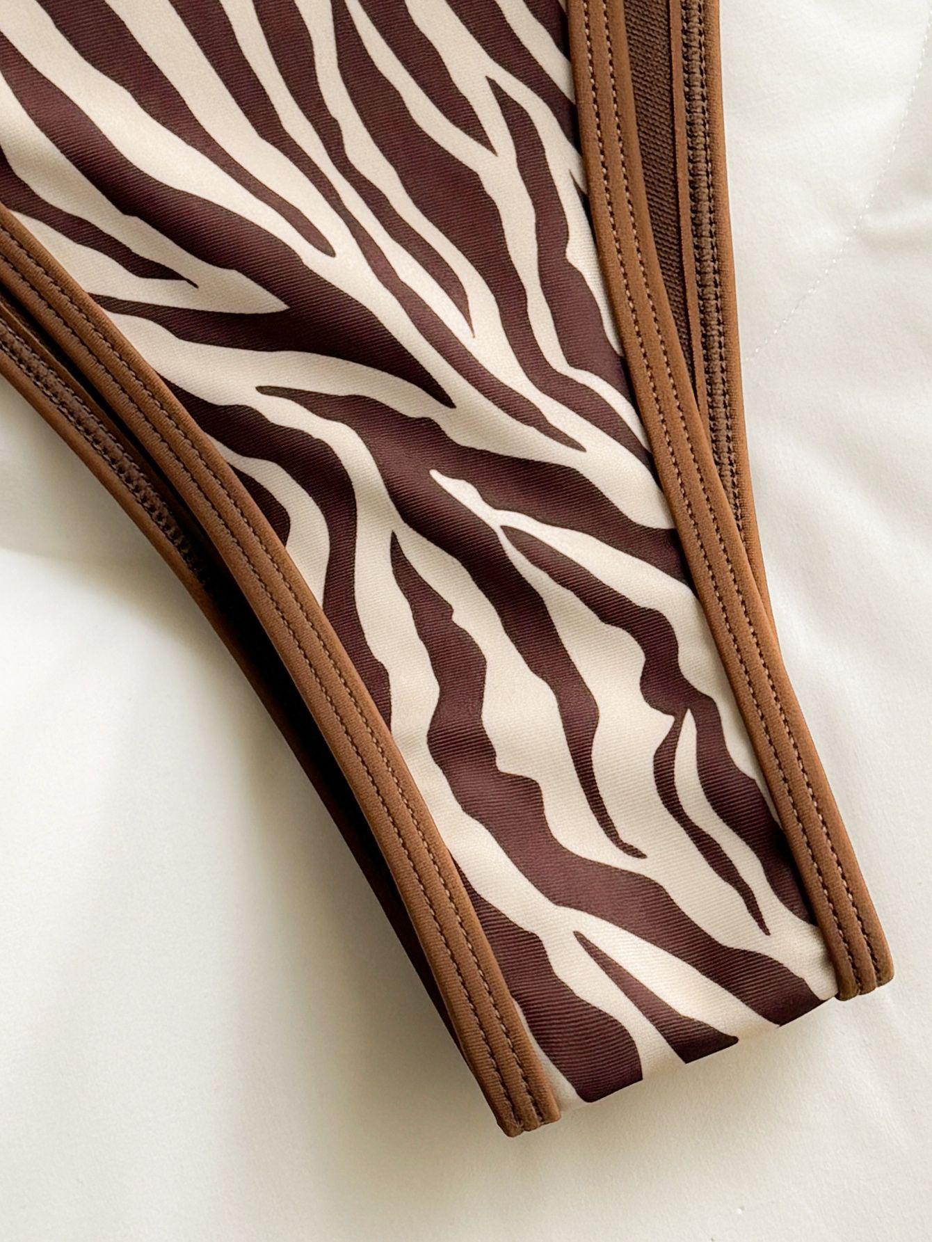 (image for) Women Brown Zebra Leopard Animal Print Triangle Bikini Set Adjustable Strap High Cut Sexy Two Piece Beach Hot Spring Swimwear