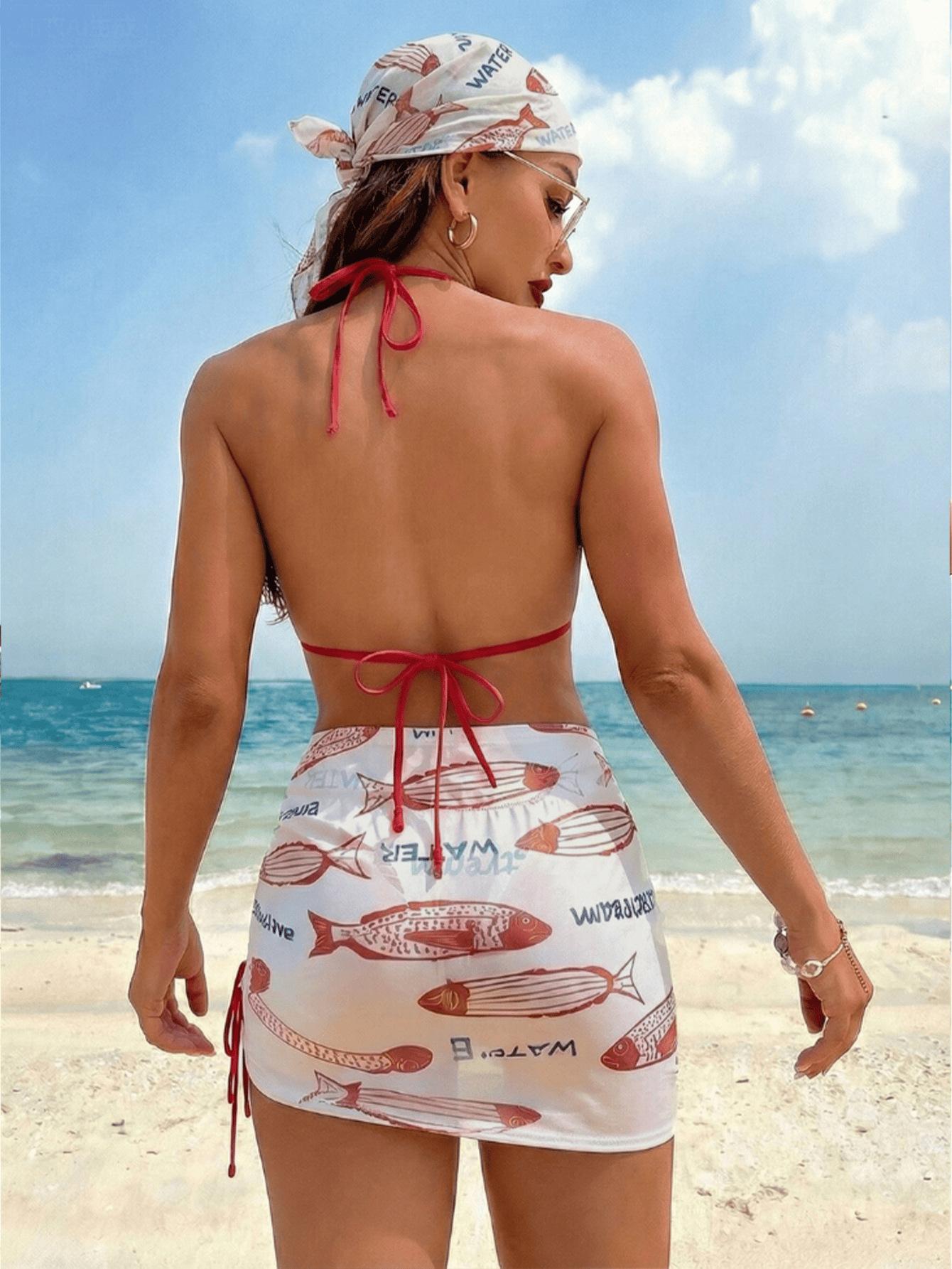 (image for) Women 4 Piece Fish Letter Print Bikini Set with Mini Skirt & Bandana Headscarf Sexy Complete Beach Vacation Swimwear Set