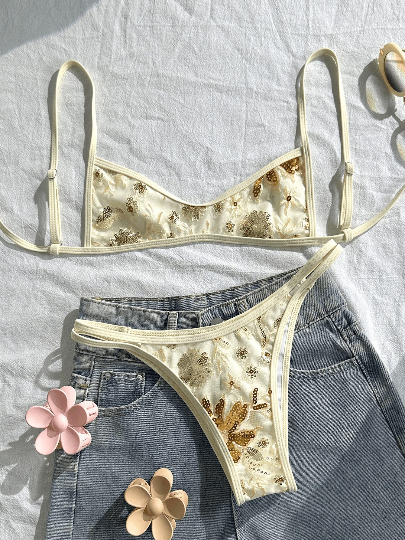 (image for) Women Gold Sequin Floral Embroidered Triangle Bikini Set Thin Strap High Cut Sexy Shiny Beach Vacation Swimwear