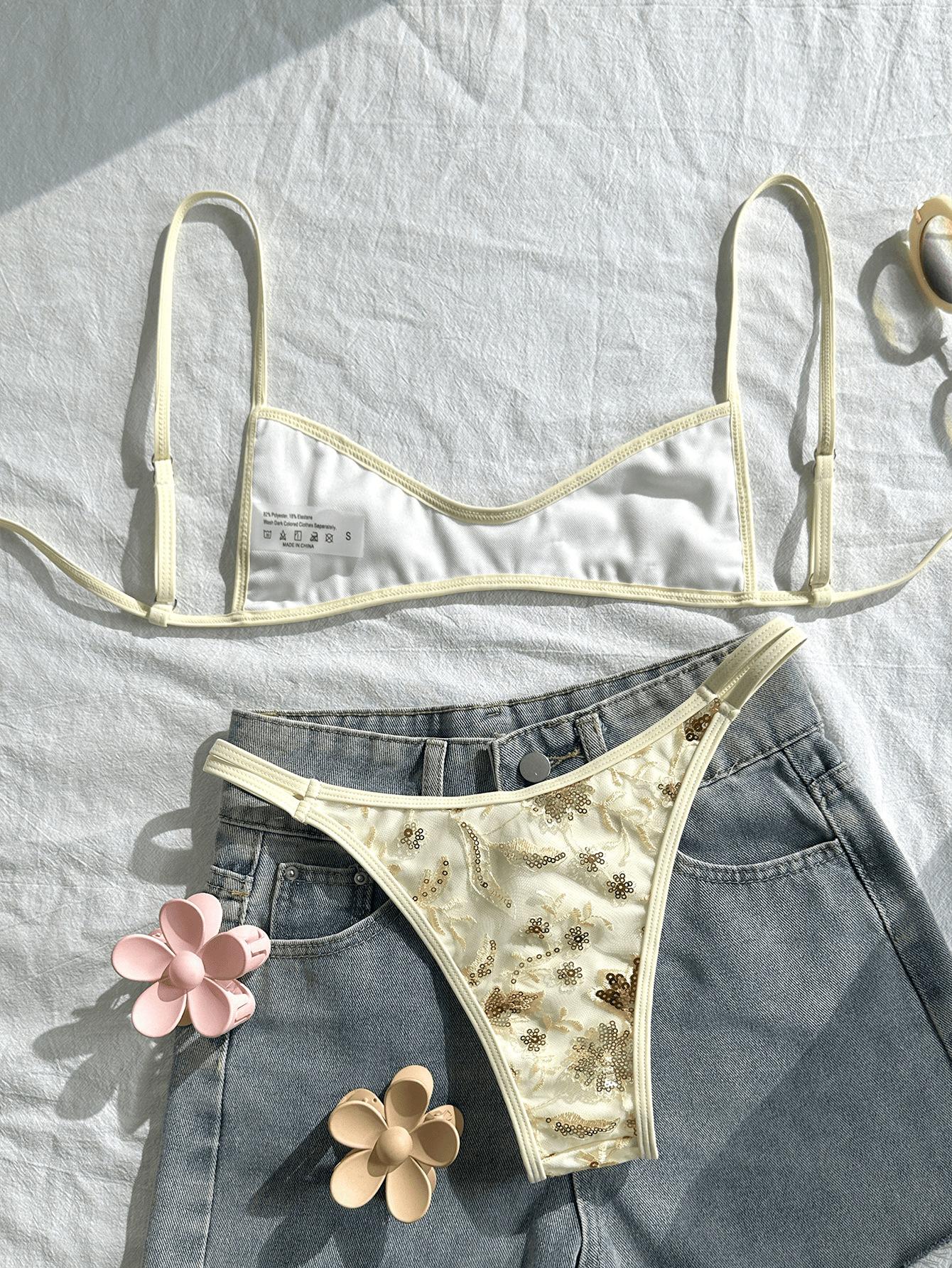 (image for) Women Gold Sequin Floral Embroidered Triangle Bikini Set Thin Strap High Cut Sexy Shiny Beach Vacation Swimwear