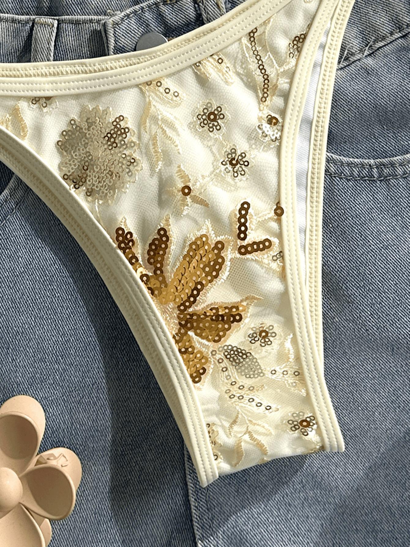 (image for) Women Gold Sequin Floral Embroidered Triangle Bikini Set Thin Strap High Cut Sexy Shiny Beach Vacation Swimwear