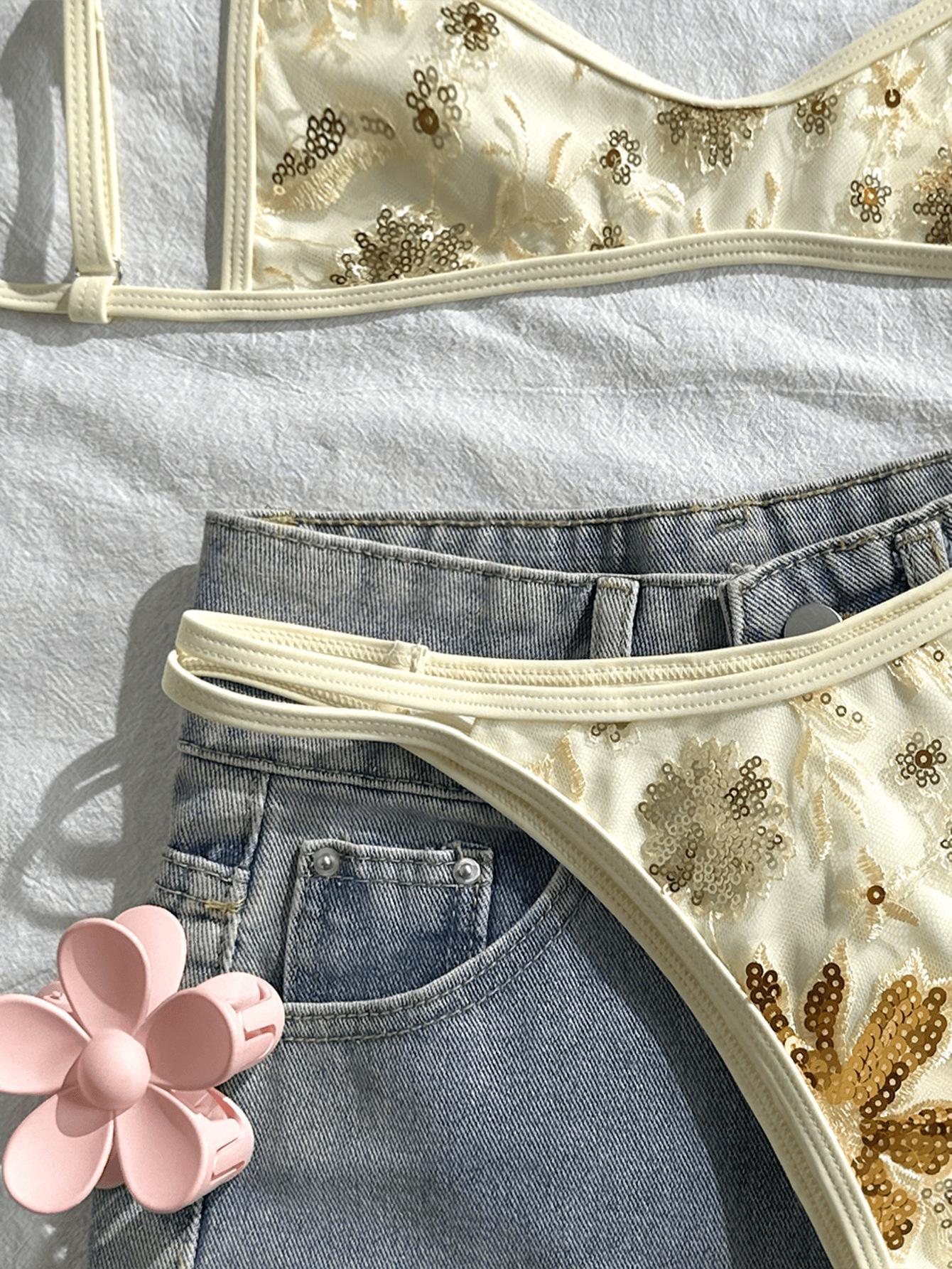 (image for) Women Gold Sequin Floral Embroidered Triangle Bikini Set Thin Strap High Cut Sexy Shiny Beach Vacation Swimwear