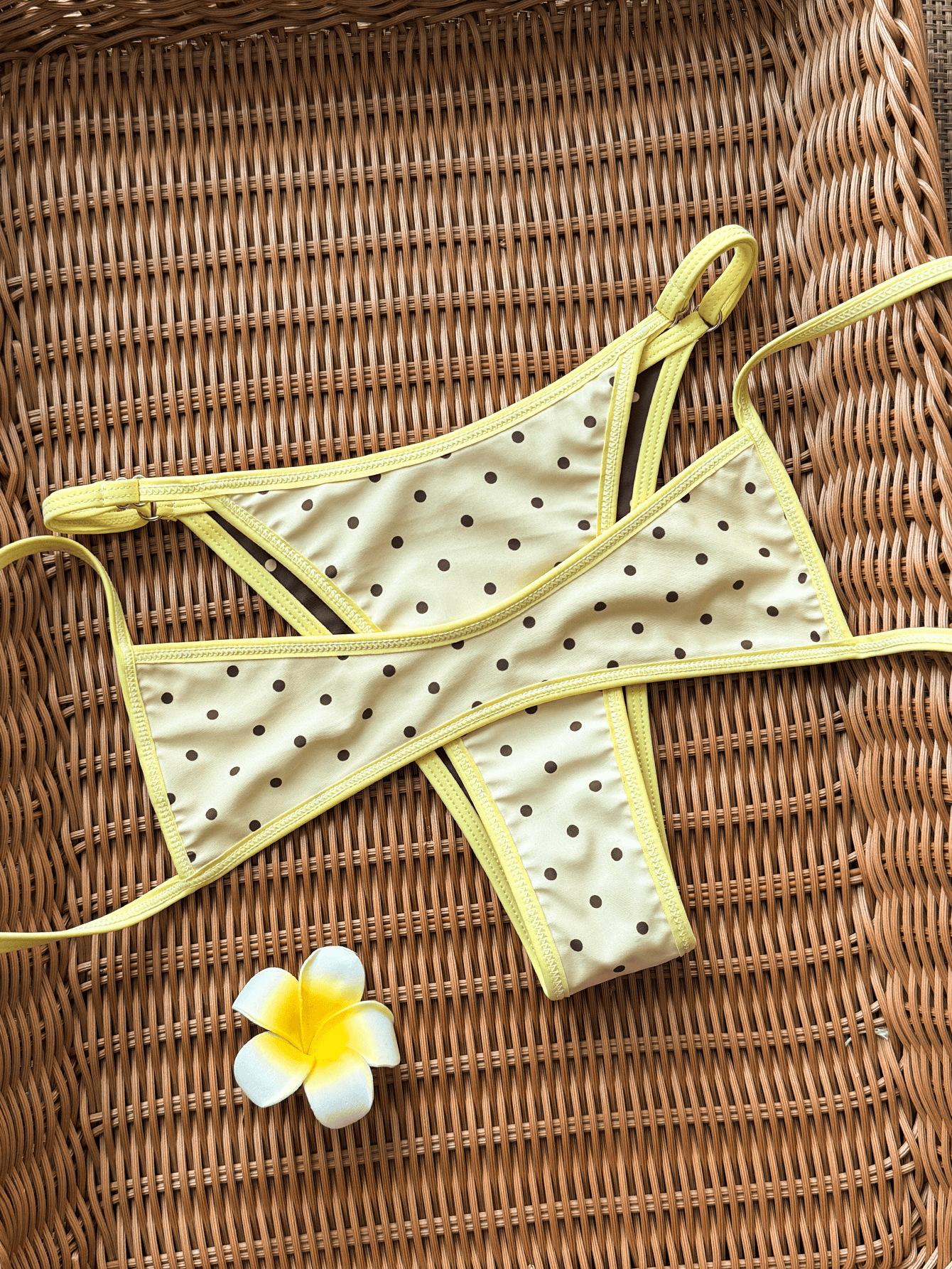 Women Reversible Brown White Polka Dot Bikini Set Contrast Yellow Trim Sexy No Padding Two Piece Hot Spring Beach Swimwear