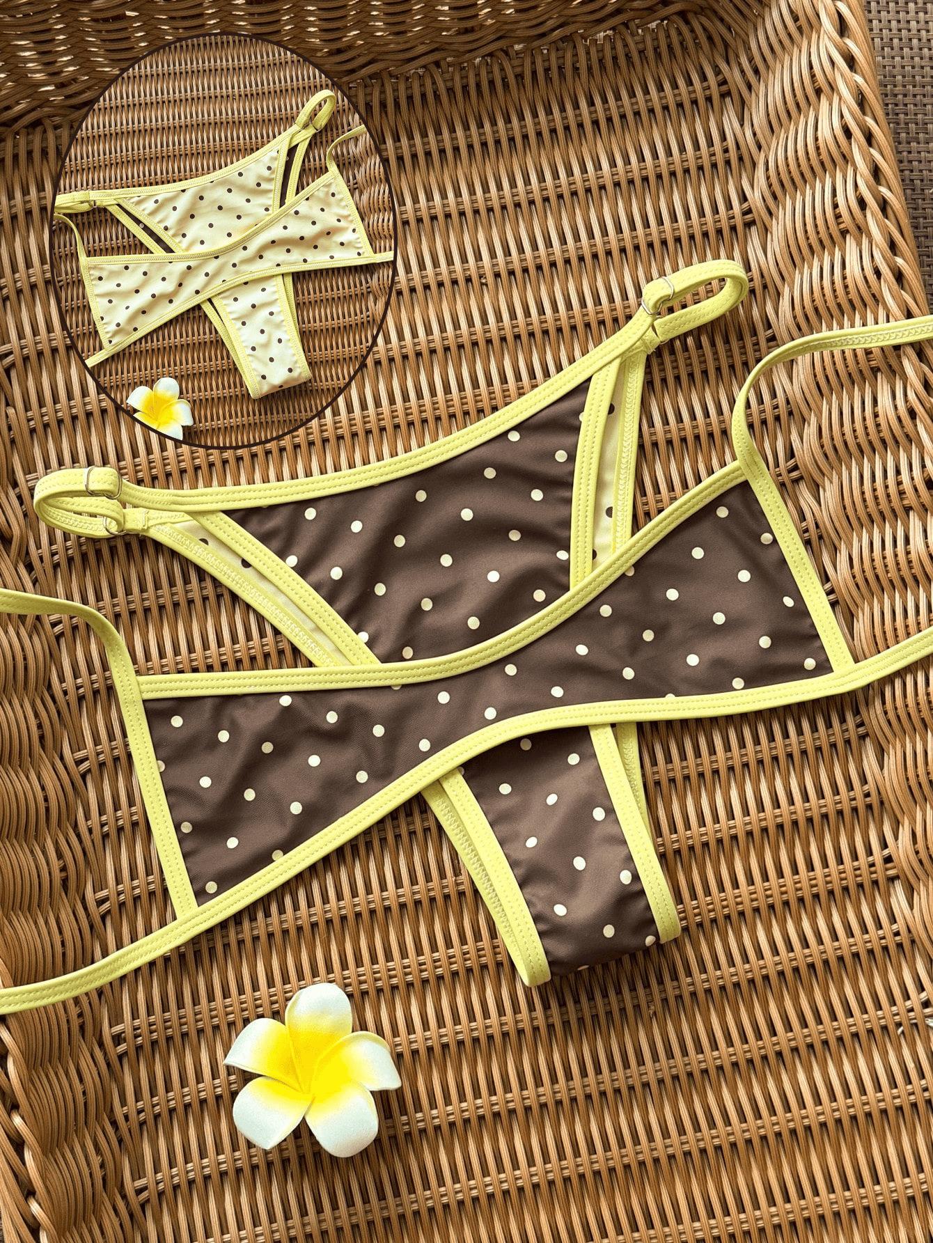 (image for) Women Reversible Brown White Polka Dot Bikini Set Contrast Yellow Trim Sexy No Padding Two Piece Hot Spring Beach Swimwear
