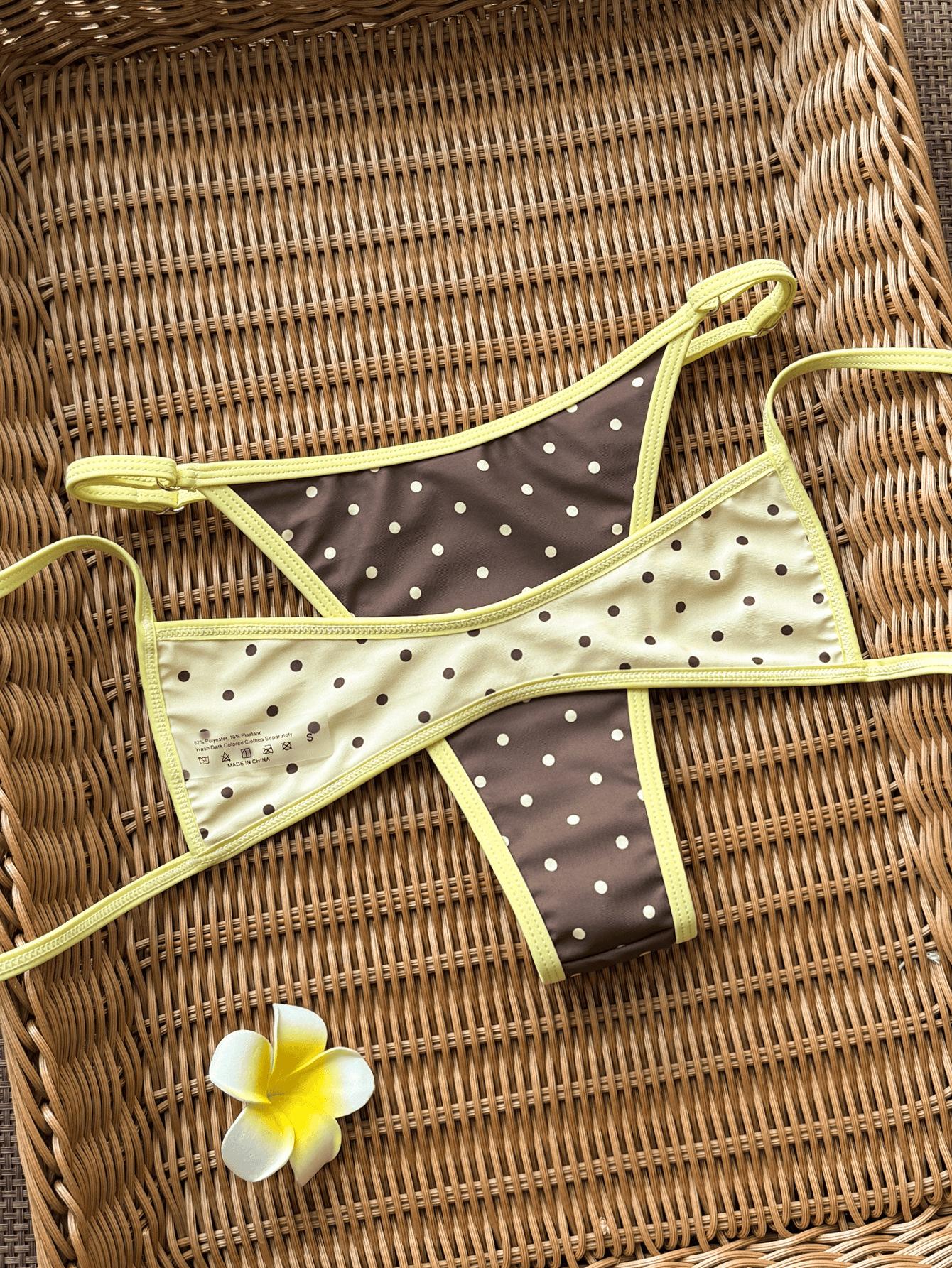(image for) Women Reversible Brown White Polka Dot Bikini Set Contrast Yellow Trim Sexy No Padding Two Piece Hot Spring Beach Swimwear