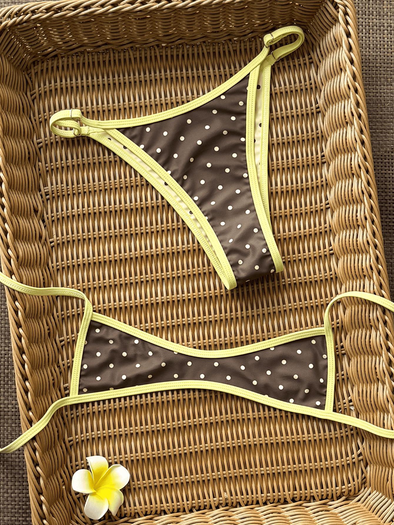 (image for) Women Reversible Brown White Polka Dot Bikini Set Contrast Yellow Trim Sexy No Padding Two Piece Hot Spring Beach Swimwear