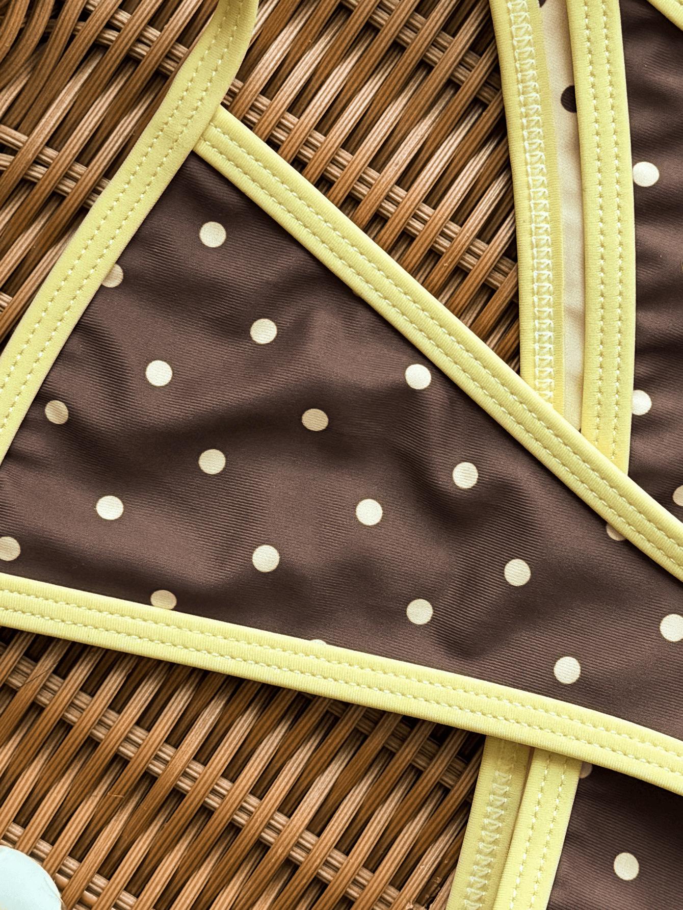 (image for) Women Reversible Brown White Polka Dot Bikini Set Contrast Yellow Trim Sexy No Padding Two Piece Hot Spring Beach Swimwear