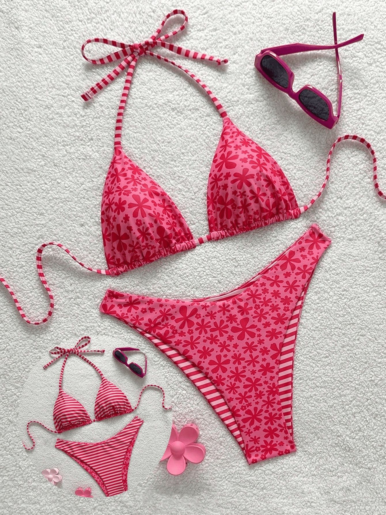 (image for) Women Reversible Pink Ditsy Floral Triangle Bikini Set High Waist Two-Way Wear Sexy Beach Vacation Swimwear