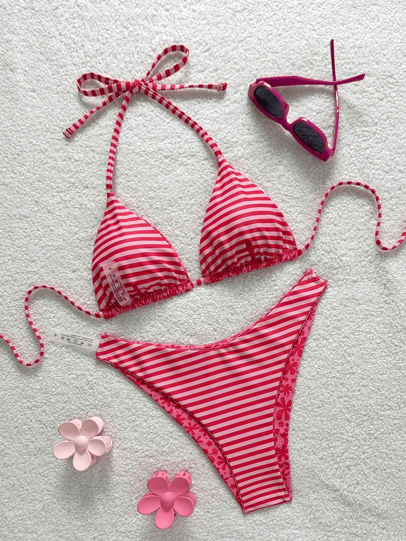 (image for) Women Reversible Pink Ditsy Floral Triangle Bikini Set High Waist Two-Way Wear Sexy Beach Vacation Swimwear