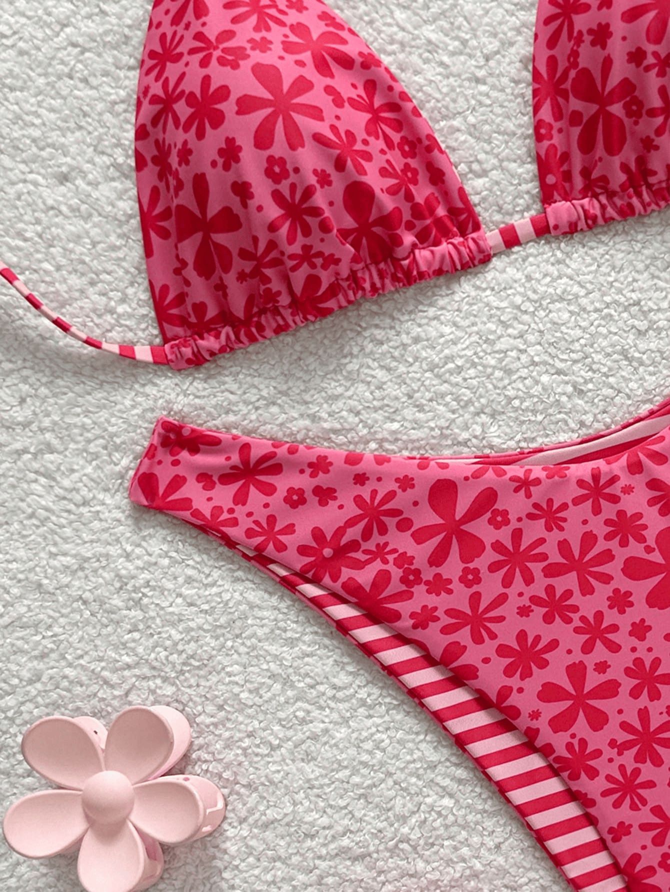 (image for) Women Reversible Pink Ditsy Floral Triangle Bikini Set High Waist Two-Way Wear Sexy Beach Vacation Swimwear