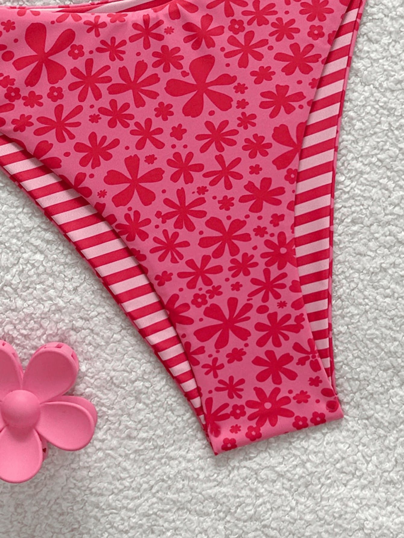 (image for) Women Reversible Pink Ditsy Floral Triangle Bikini Set High Waist Two-Way Wear Sexy Beach Vacation Swimwear