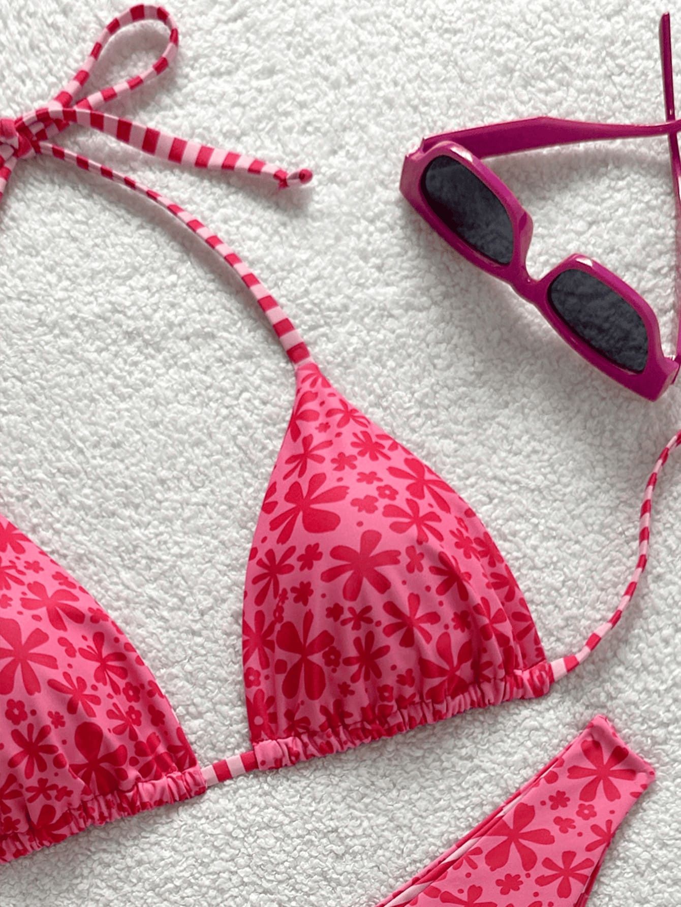 (image for) Women Reversible Pink Ditsy Floral Triangle Bikini Set High Waist Two-Way Wear Sexy Beach Vacation Swimwear