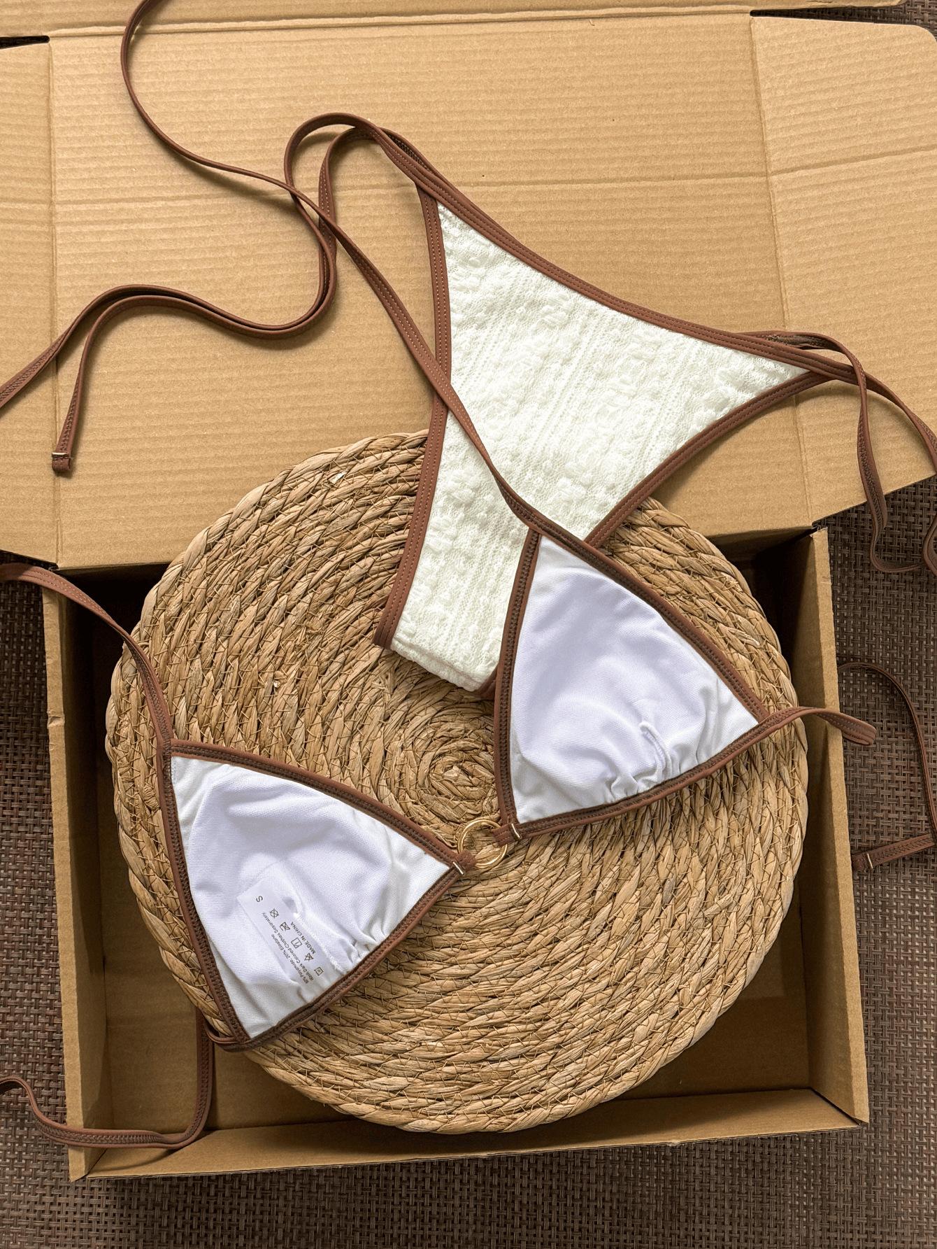 (image for) Women Textured Contrast Trim Triangle Bikini Set Tie Side String Sexy Two Piece Swimwear Minimalist Beach Bathing Suit