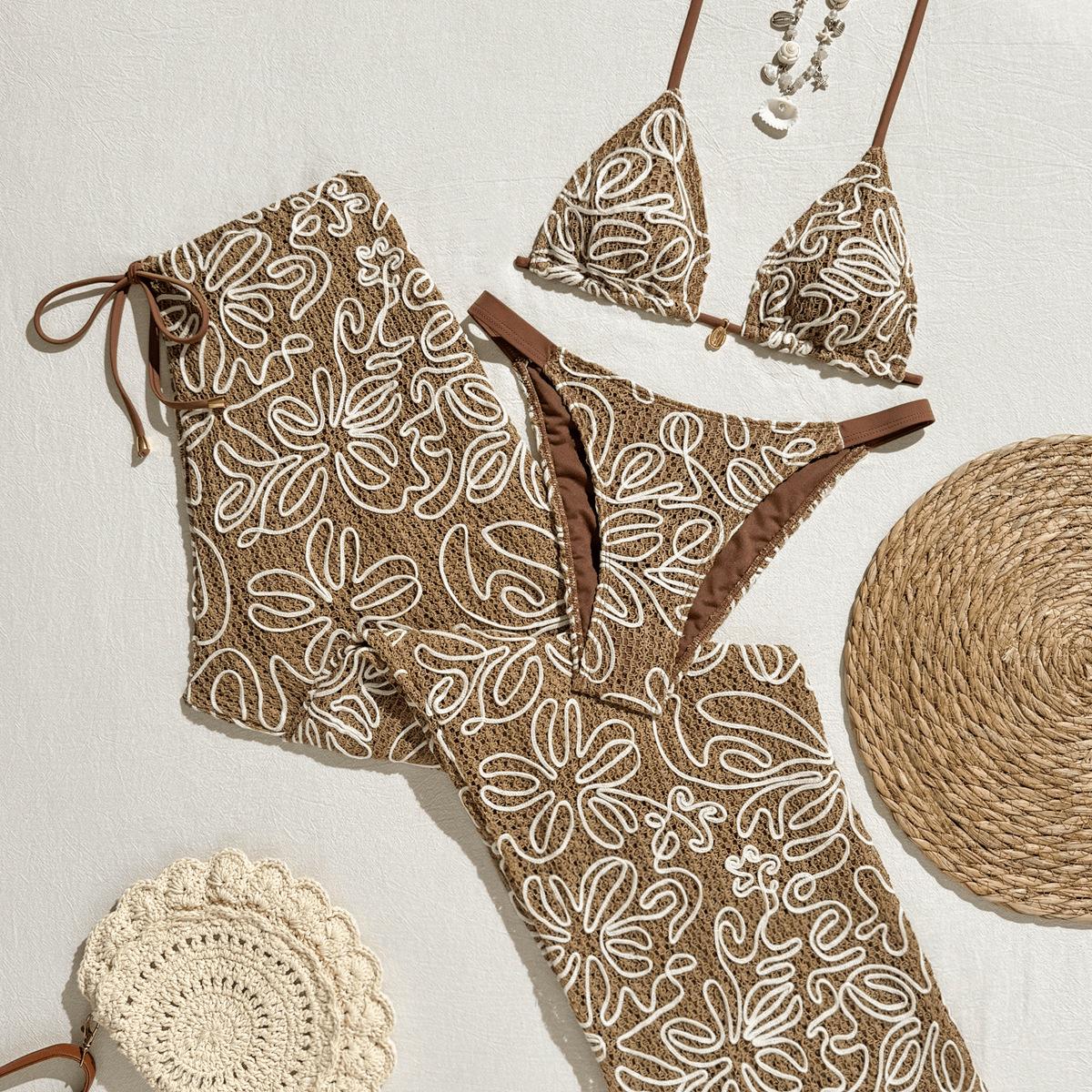 Women 3 Piece Halter Triangle Bikini Set with Wide Leg Cover Up Pants Brown White Floral Crochet Print Premium Resort Beach Swimwear