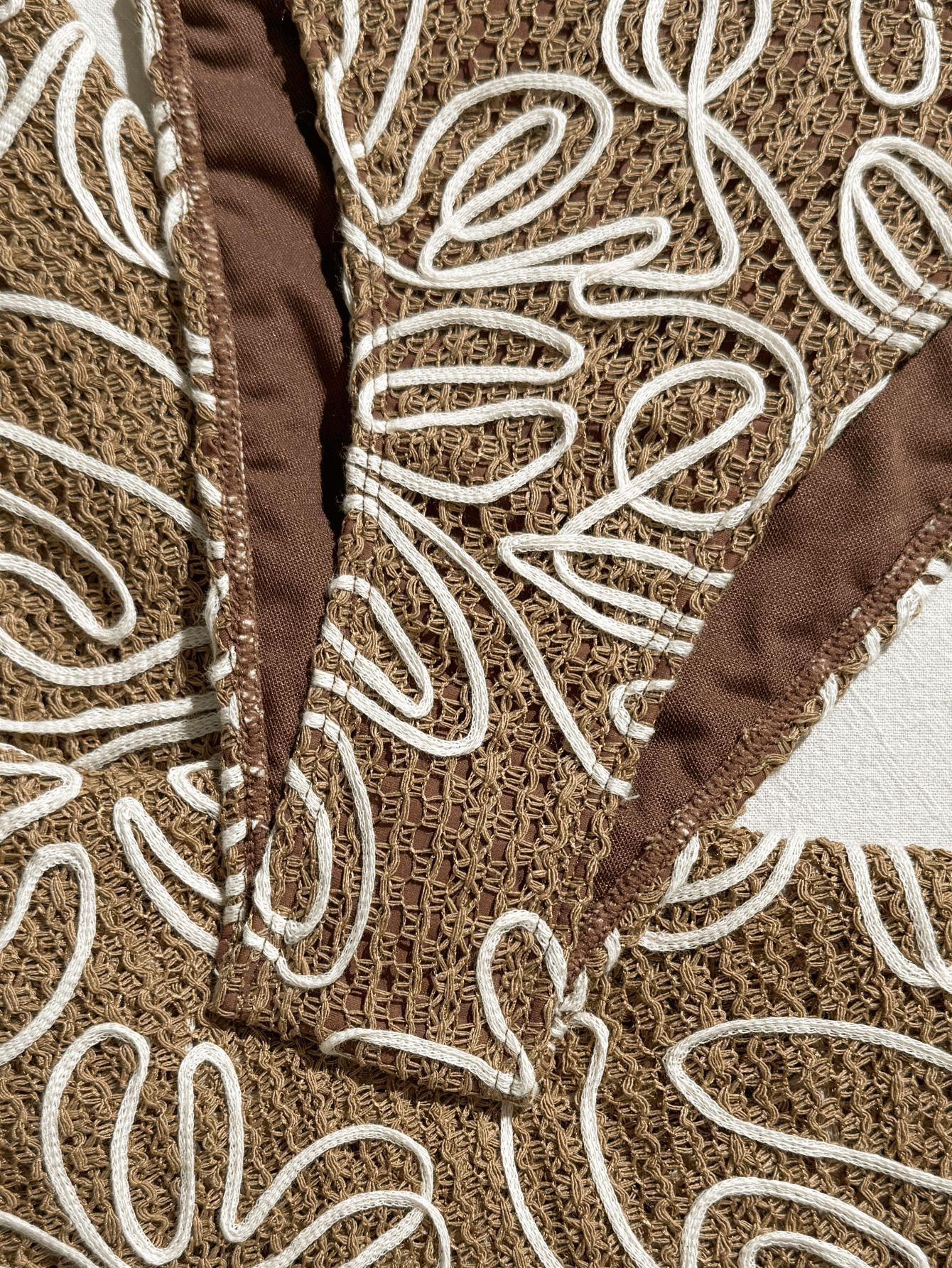 (image for) Women 3 Piece Halter Triangle Bikini Set with Wide Leg Cover Up Pants Brown White Floral Crochet Print Premium Resort Beach Swimwear