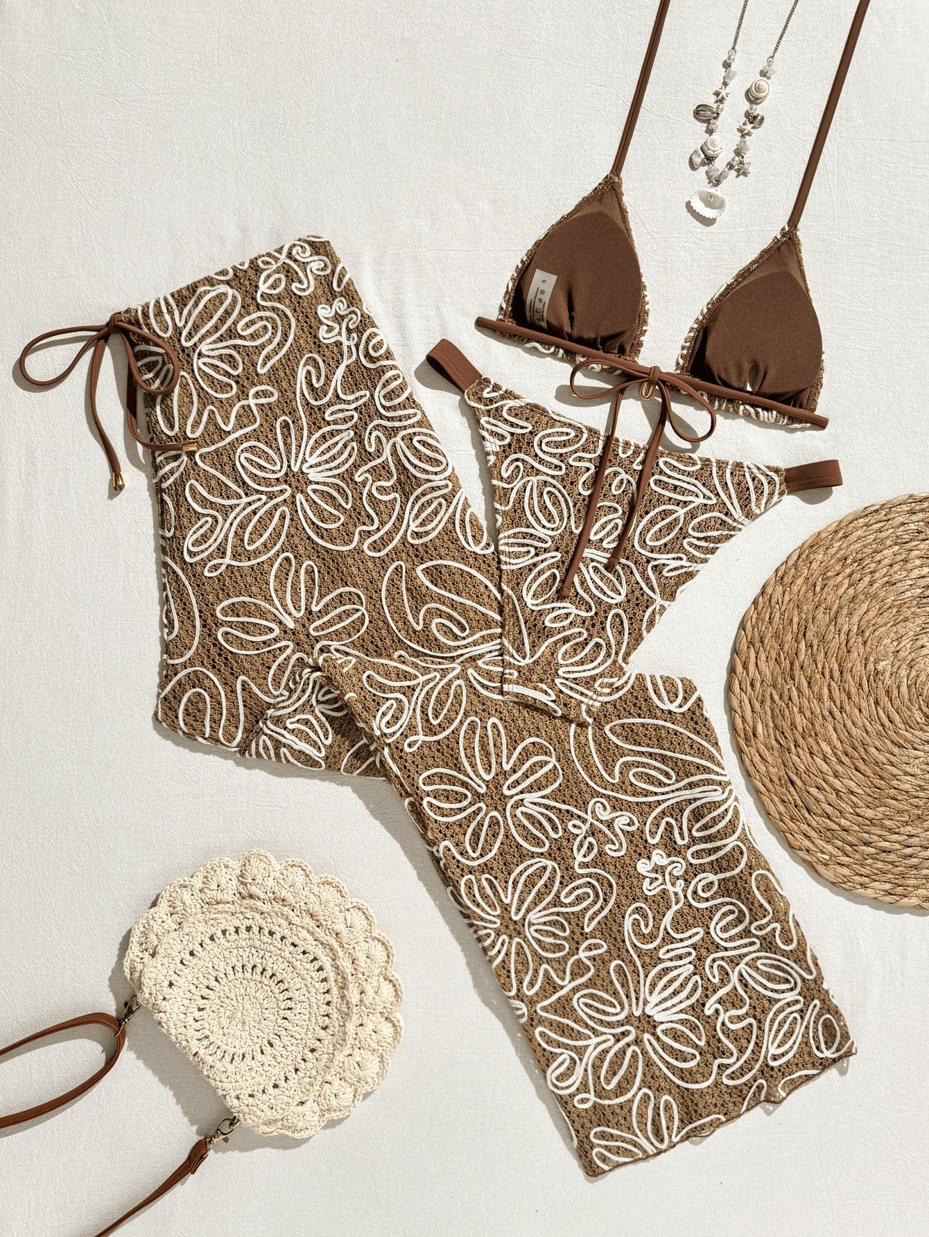 (image for) Women 3 Piece Halter Triangle Bikini Set with Wide Leg Cover Up Pants Brown White Floral Crochet Print Premium Resort Beach Swimwear
