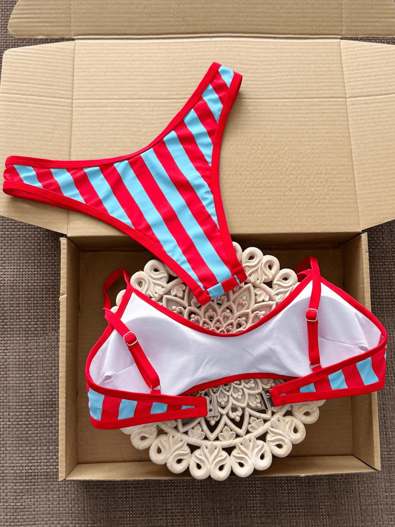 (image for) Women Red Blue Vertical Stripe Adjustable Strap Bikini Set Sexy High Cut Two Piece Beach Vacation Hot Spring Swimwear
