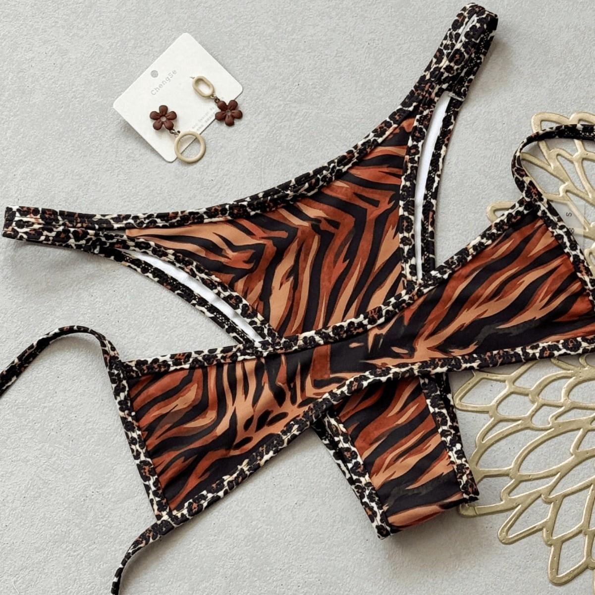 Women Tiger Leopard Print Backless High Cut Micro Bikini Set Sexy Swimwear (image for) Women Tiger Leopard Print Backless High Cut Micro Bikini Set Sexy Swimwear