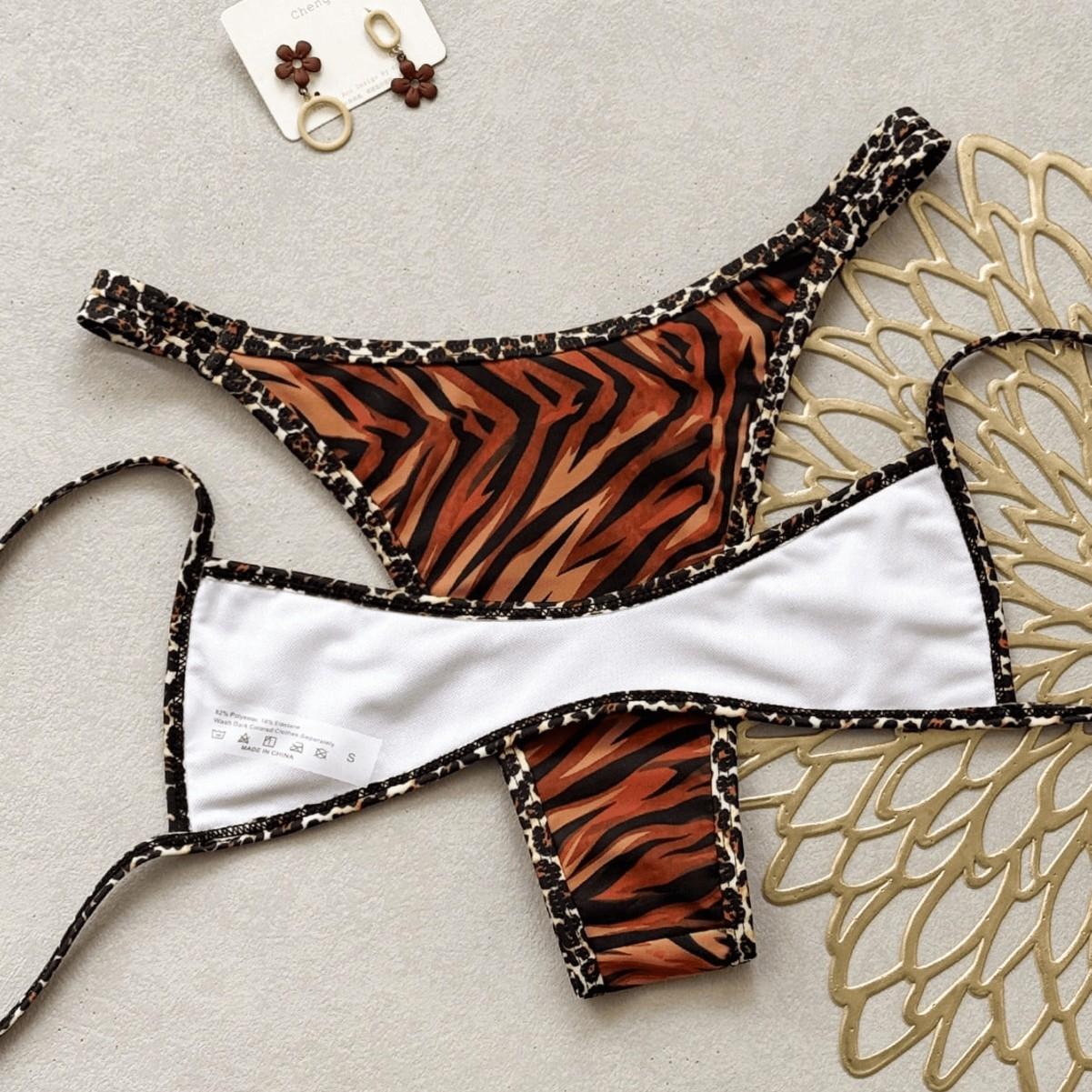 (image for) Women Tiger Leopard Print Backless High Cut Micro Bikini Set Sexy Swimwear
