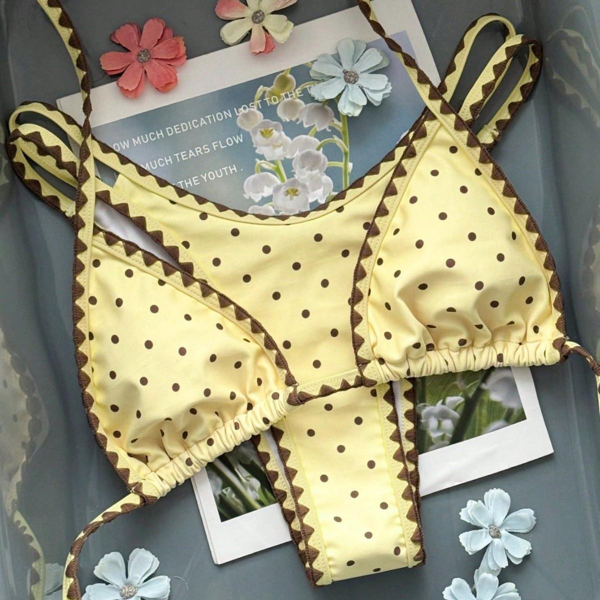 (image for) Women Retro Polka Dot Triangle Bikini Set Wavy Shell Trim Padded No Underwire Sexy Two Piece Swimwear