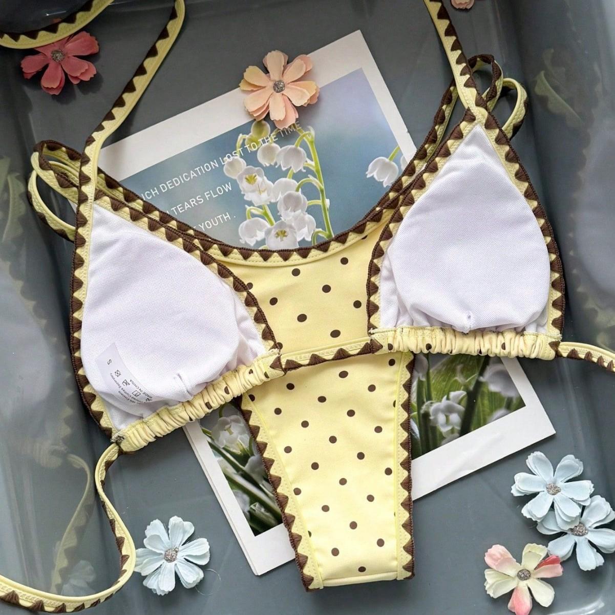 (image for) Women Retro Polka Dot Triangle Bikini Set Wavy Shell Trim Padded No Underwire Sexy Two Piece Swimwear