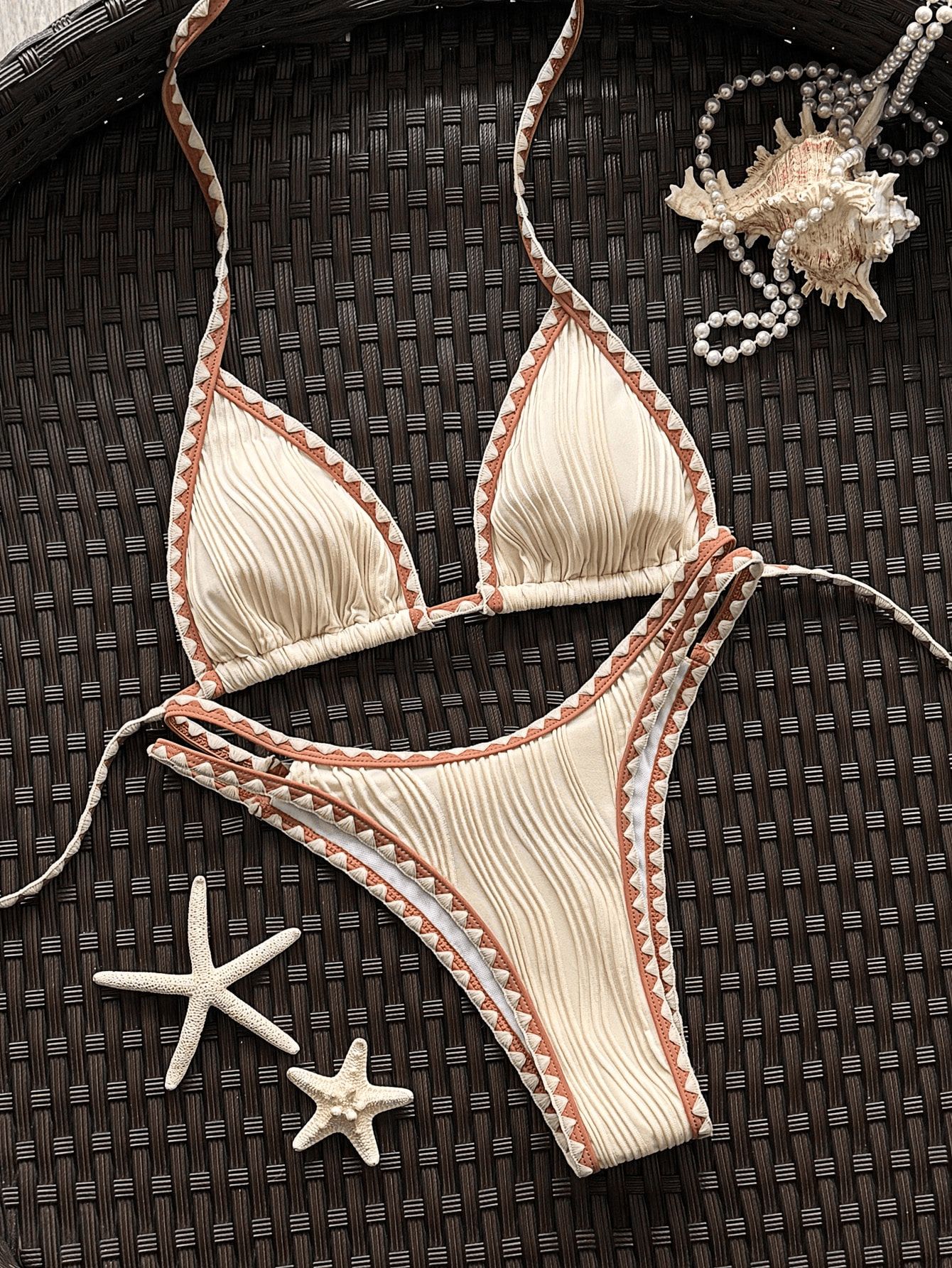 Women Textured Contrast Stitch Trim Halter Triangle Bikini Set Tie Side High Cut Sexy Photo Ready Two Piece Swimwear