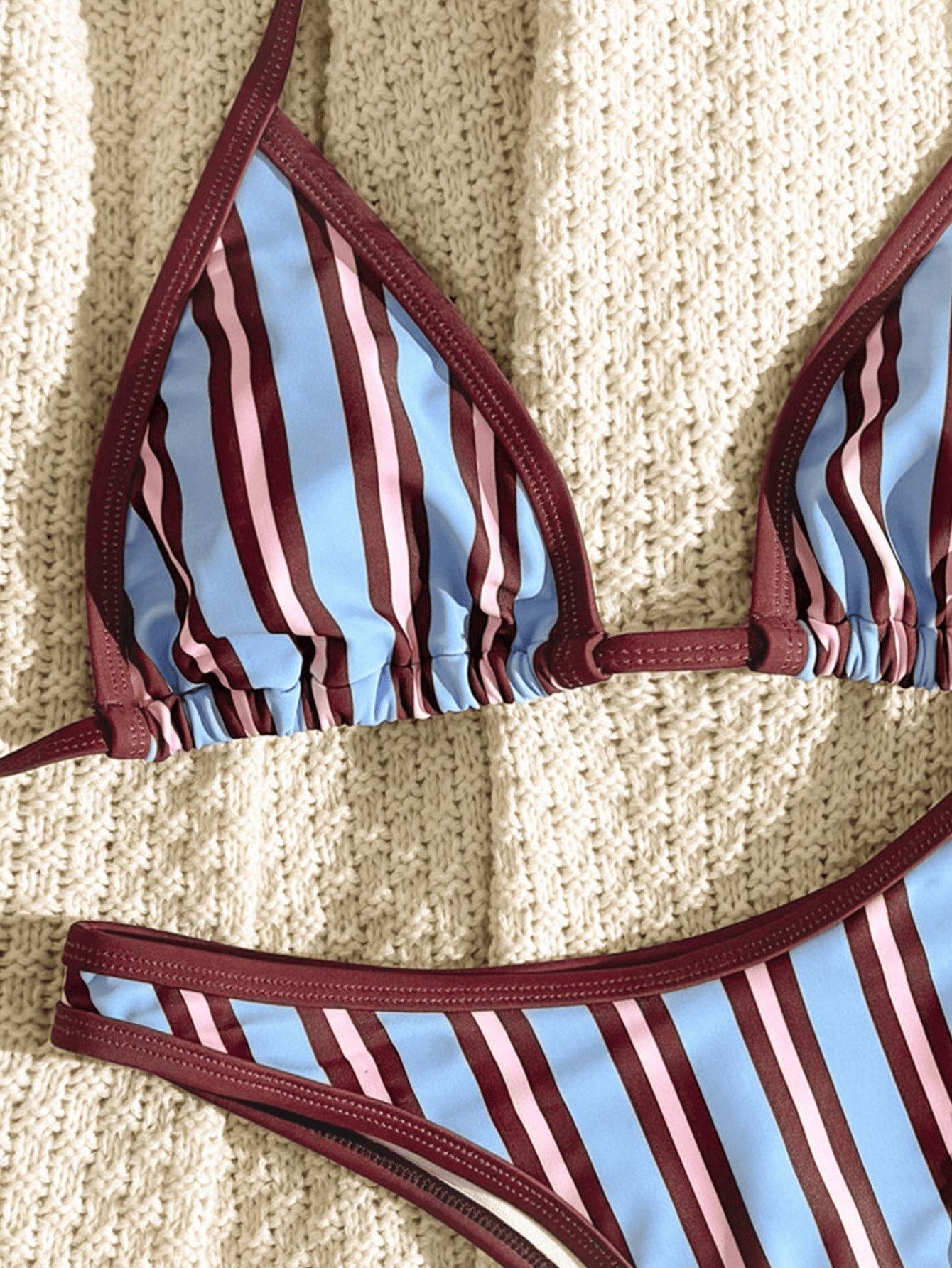 (image for) Women Striped Halter Triangle Bikini Set High Cut Beach Swimwear