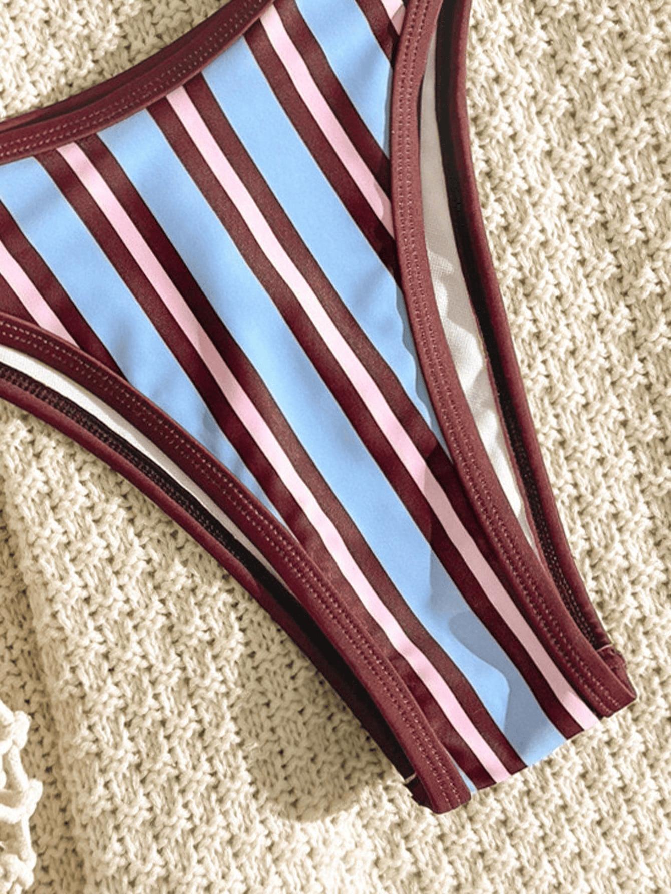 (image for) Women Striped Halter Triangle Bikini Set High Cut Beach Swimwear