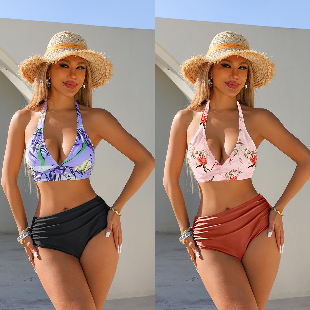 Women Halter High Waist Printed Bikini Set Padded Swimwear (image for) Women Halter High Waist Printed Bikini Set Padded Swimwear
