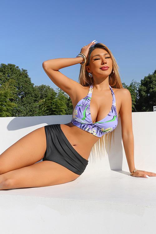 (image for) Women Halter High Waist Printed Bikini Set Padded Swimwear