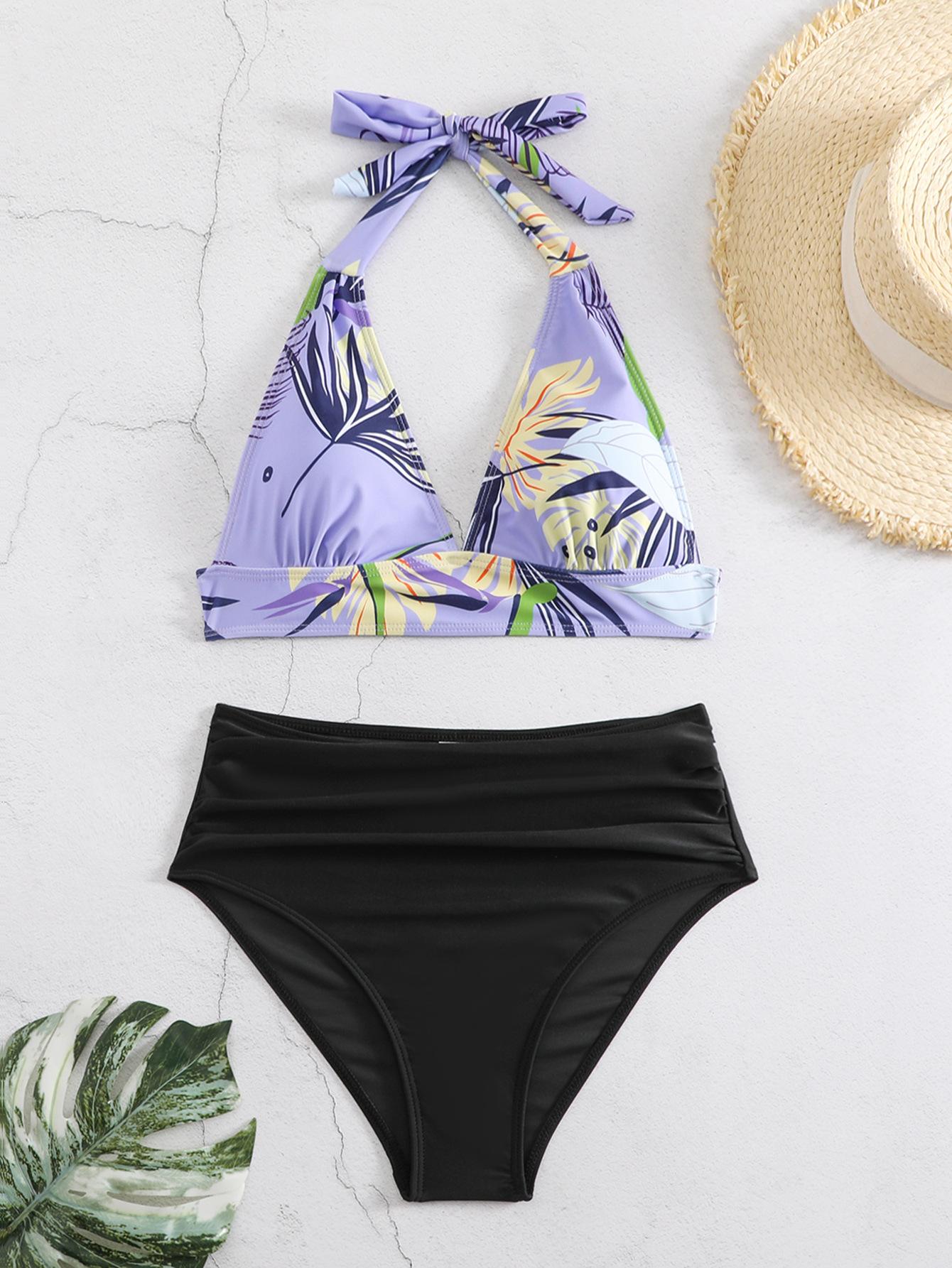 (image for) Women Halter High Waist Printed Bikini Set Padded Swimwear