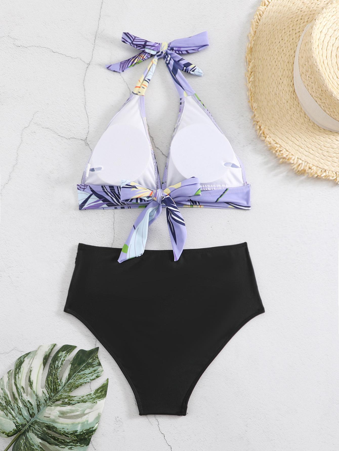 (image for) Women Halter High Waist Printed Bikini Set Padded Swimwear