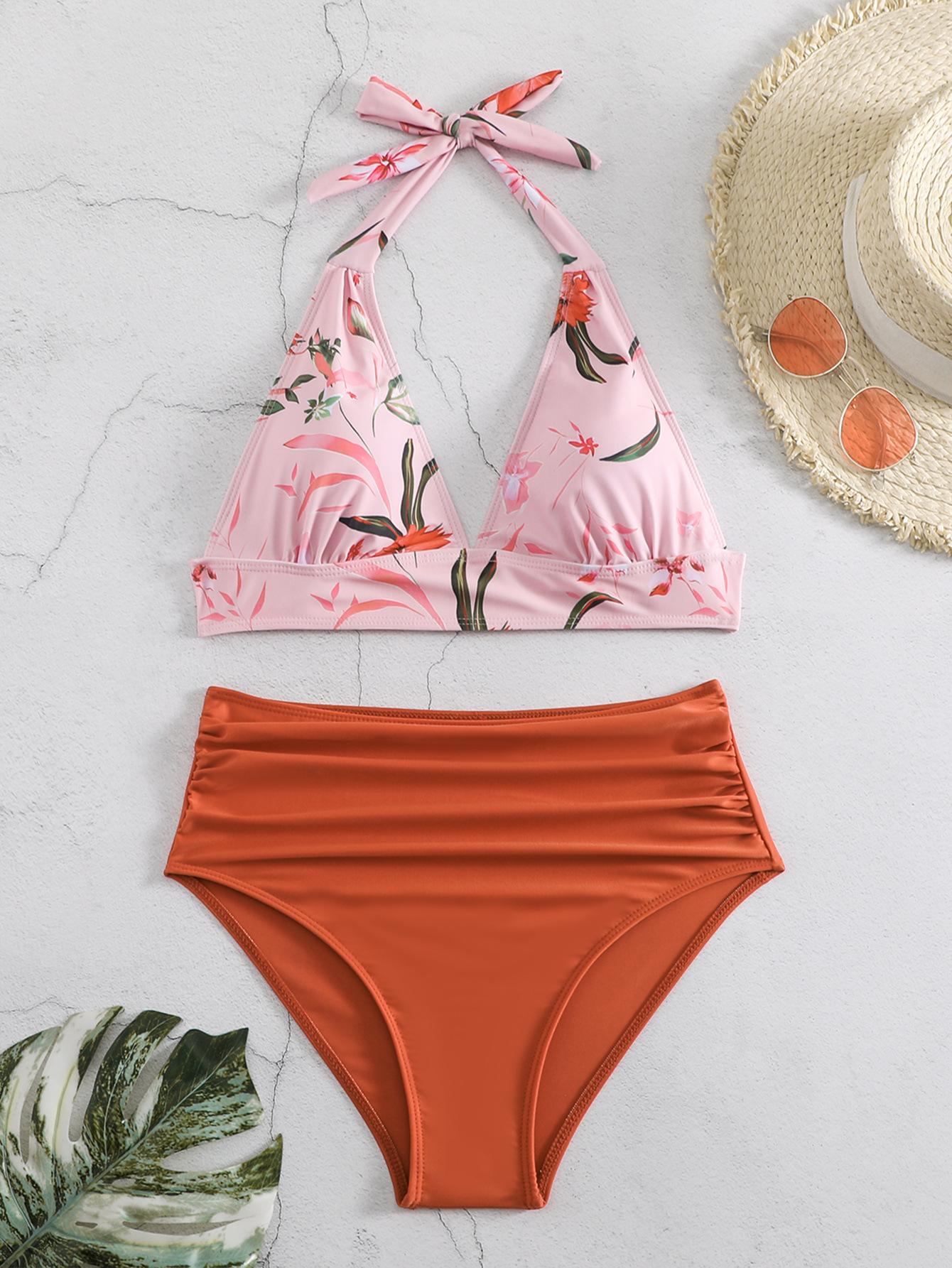 (image for) Women Halter High Waist Printed Bikini Set Padded Swimwear