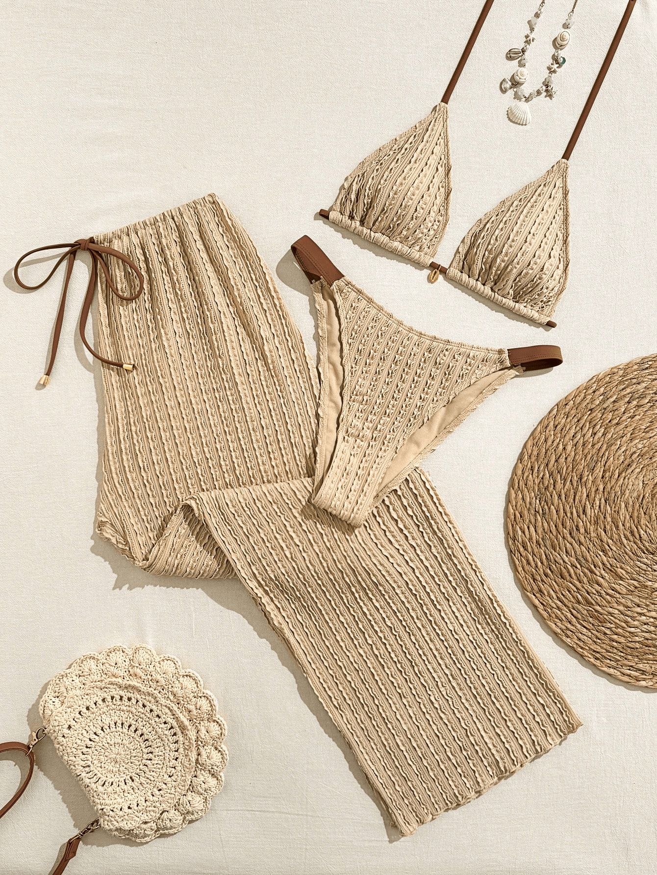 (image for) Women 3 Piece Textured Halter Triangle Bikini Set with High Waist Drawstring Wide Leg Long Pants Sexy Resort Beach Swimwear