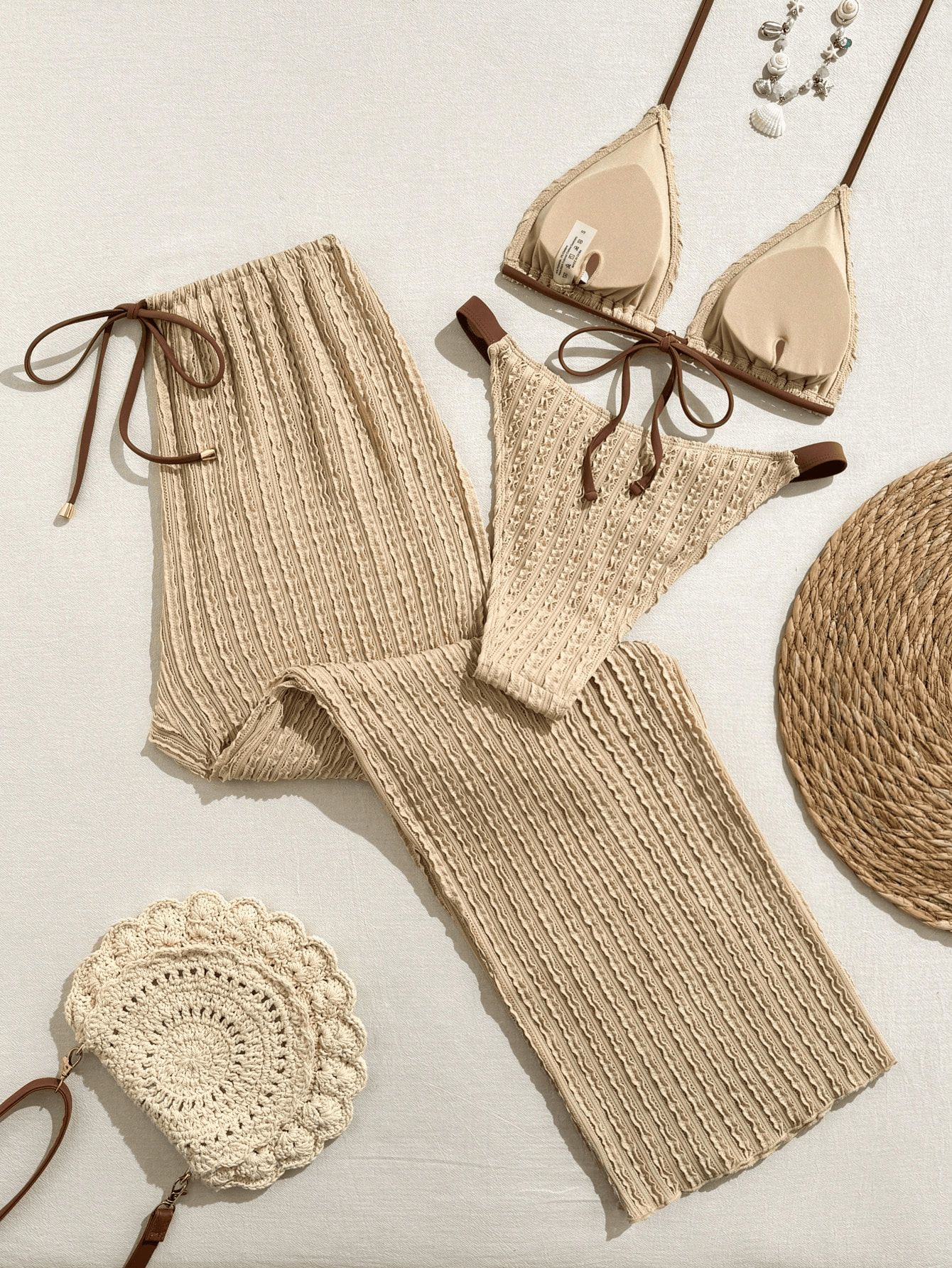 (image for) Women 3 Piece Textured Halter Triangle Bikini Set with High Waist Drawstring Wide Leg Long Pants Sexy Resort Beach Swimwear