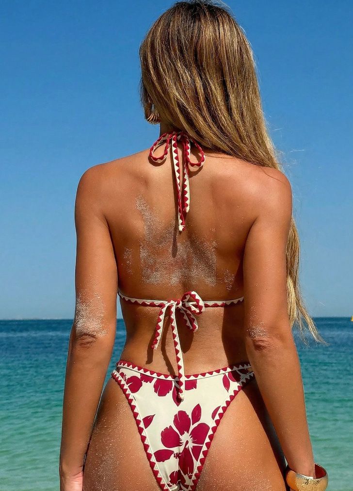 (image for) Women Red White Floral Print Halter Triangle Bikini Set Shell Stitch Trim Sexy Low Rise Two Piece Swimwear