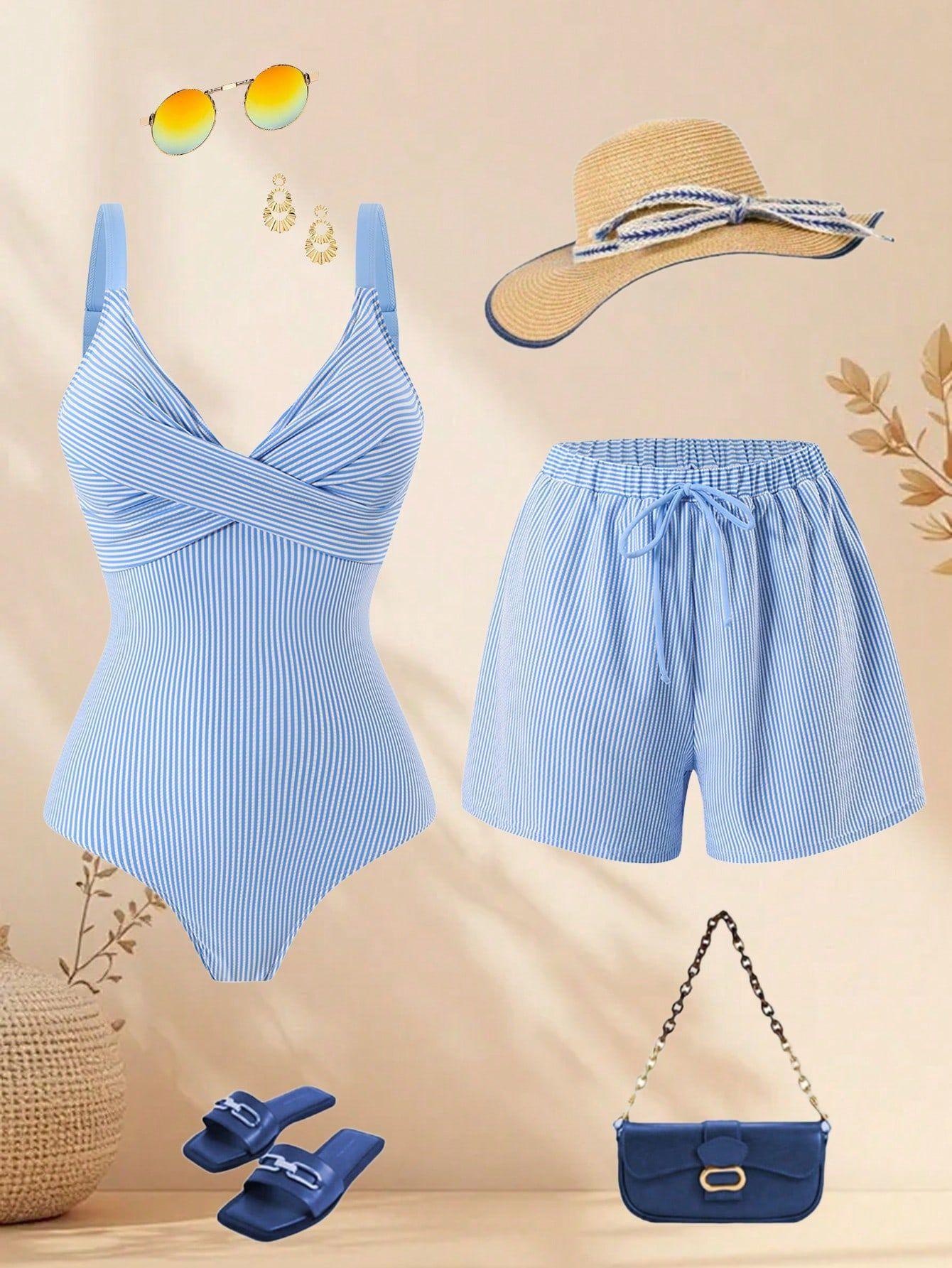 (image for) Women Striped Wrap Front One Piece Swimsuit with Shorts 2 Piece Set