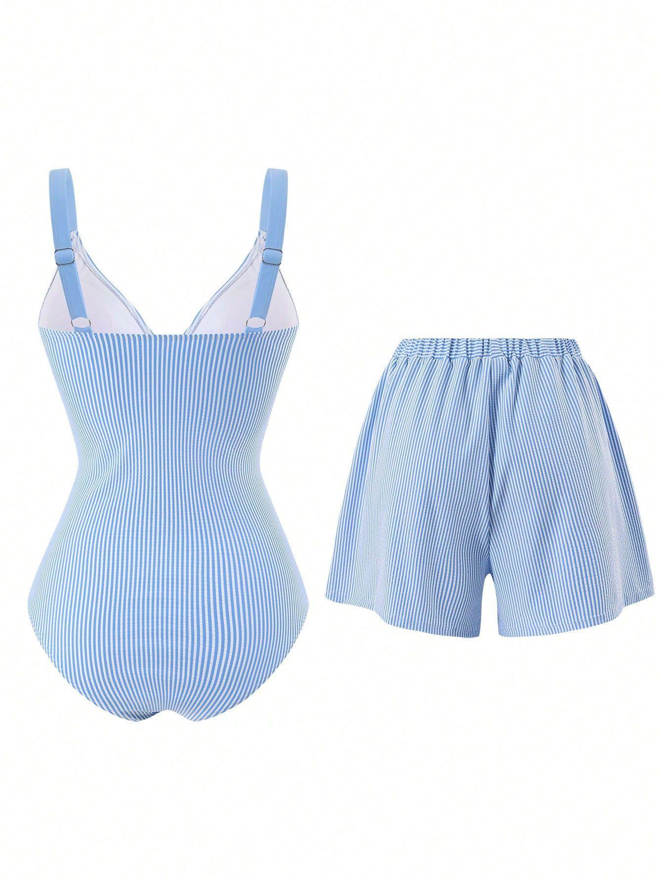 (image for) Women Striped Wrap Front One Piece Swimsuit with Shorts 2 Piece Set