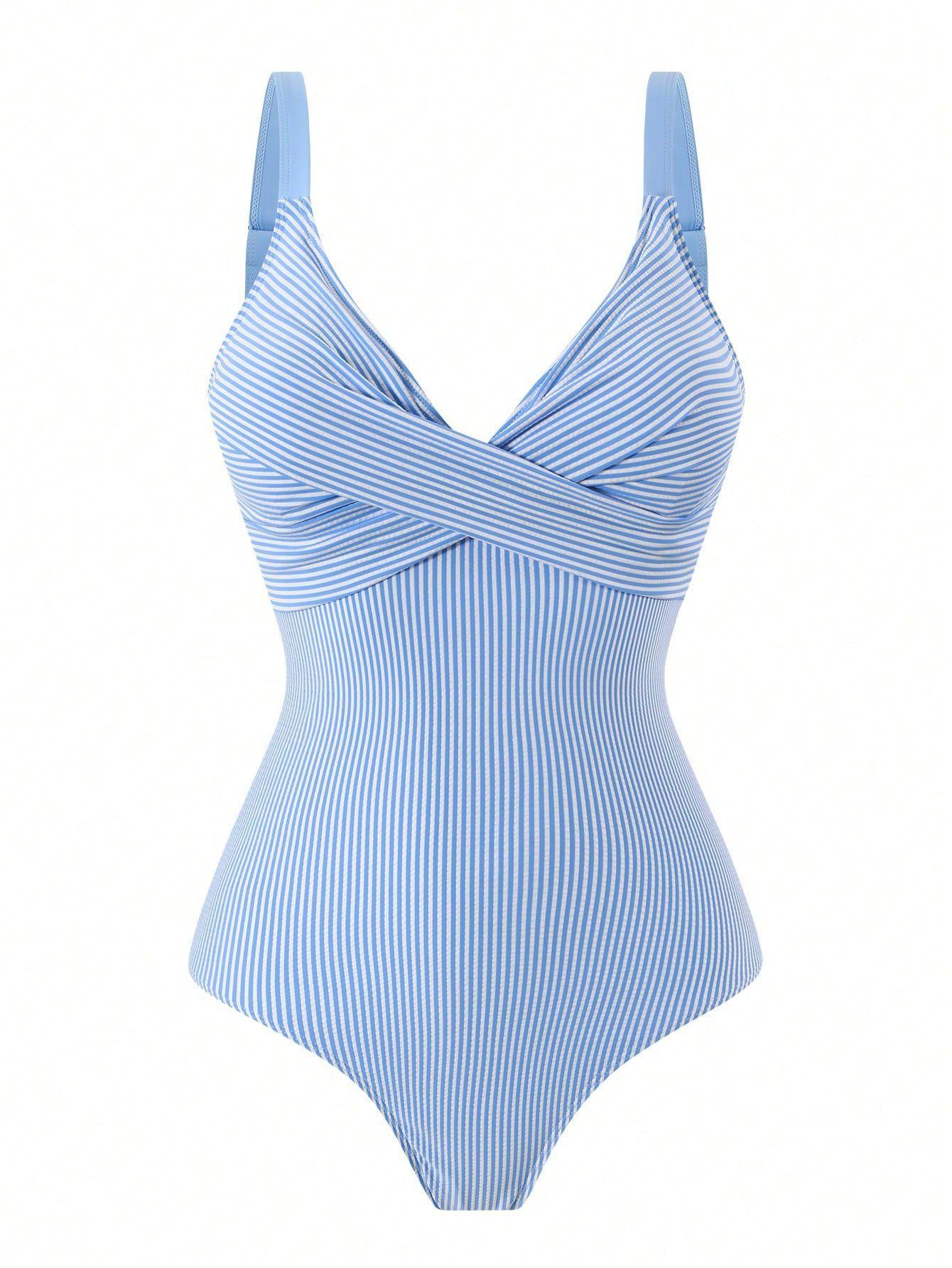 (image for) Women Striped Wrap Front One Piece Swimsuit with Shorts 2 Piece Set