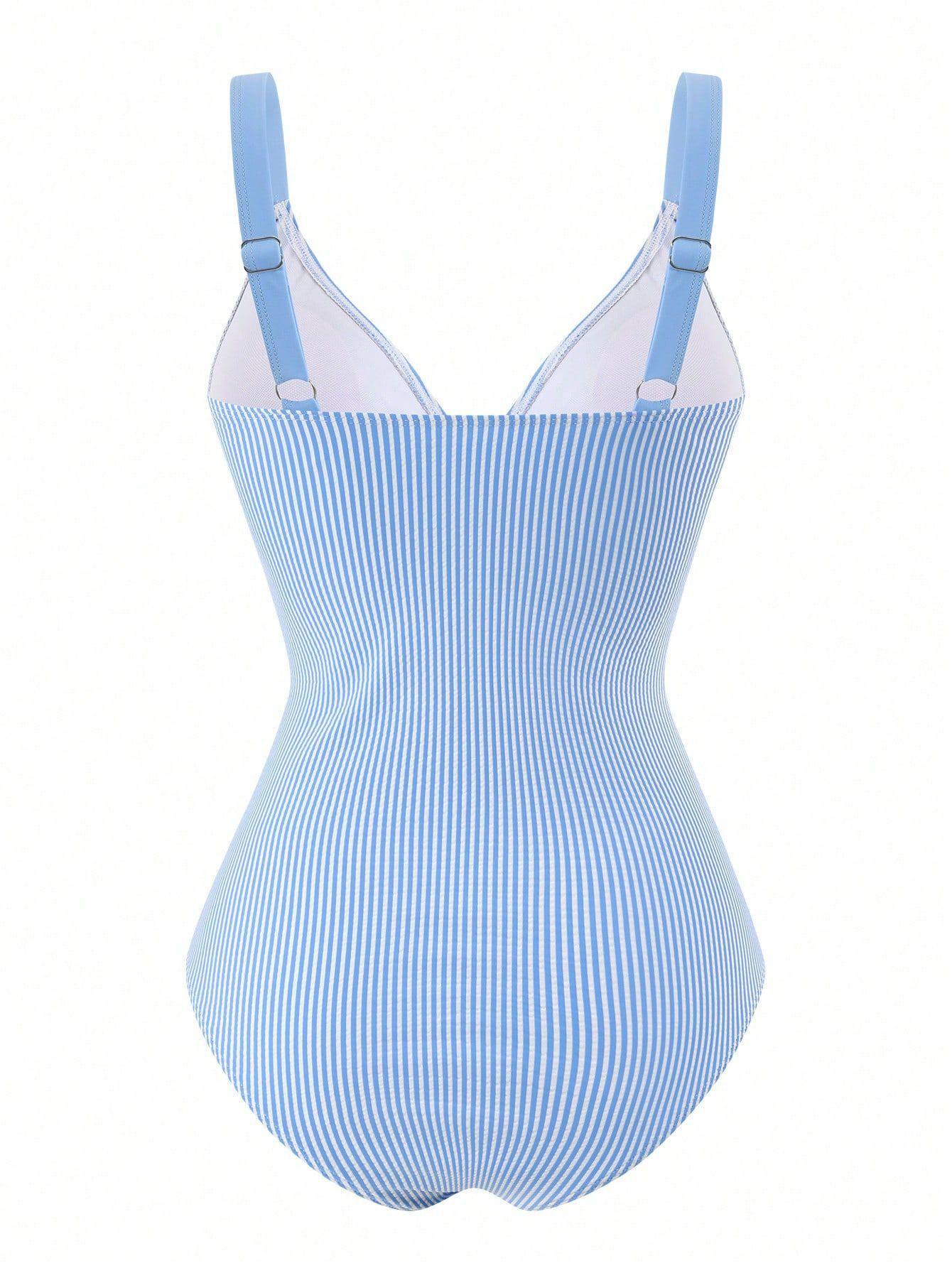 (image for) Women Striped Wrap Front One Piece Swimsuit with Shorts 2 Piece Set